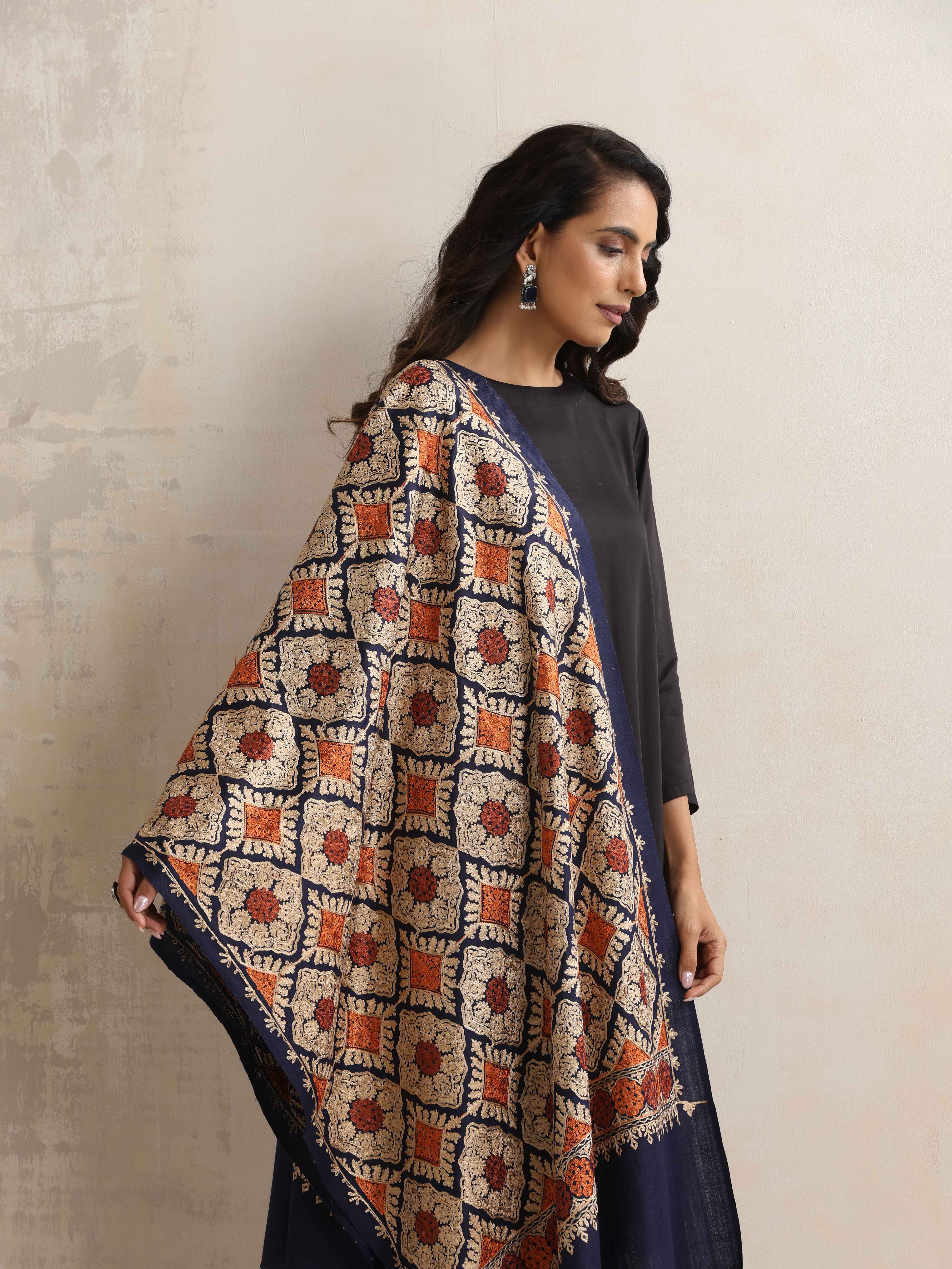 trueBrowns Navy Blue Embroidered Woollen Stole - view 2