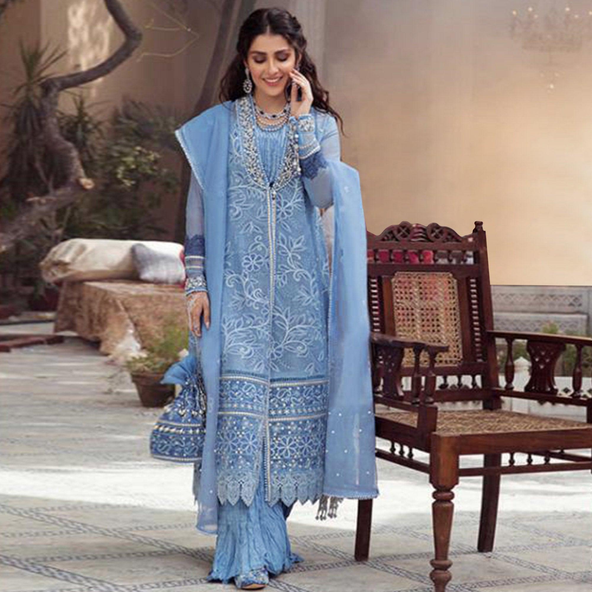 Peachmode Seller Light Blue Embroidered With Embellished Net Pakistani Suit