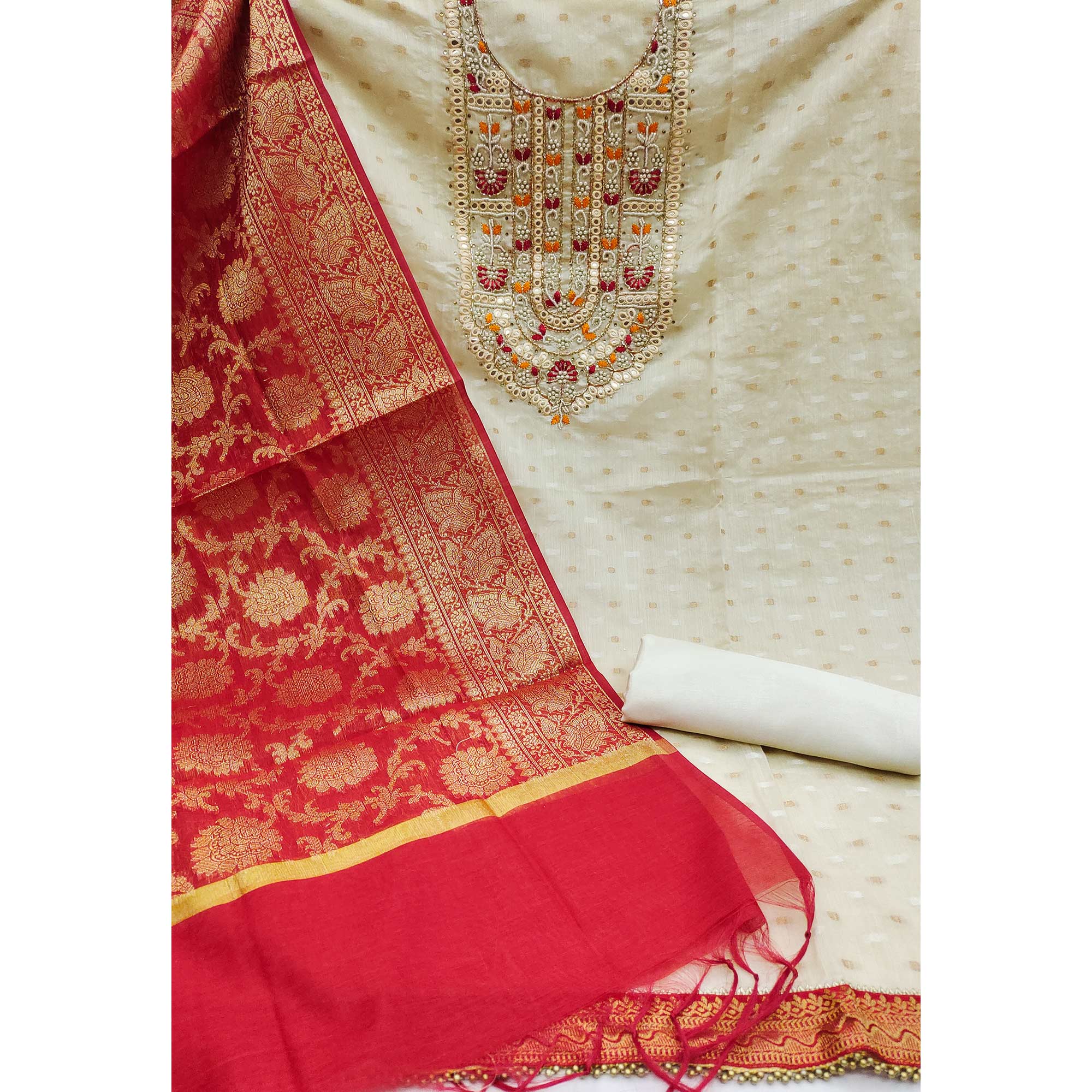 Peachmode Cream Woven With Handwork Banarasi Silk Dress Material - view 3