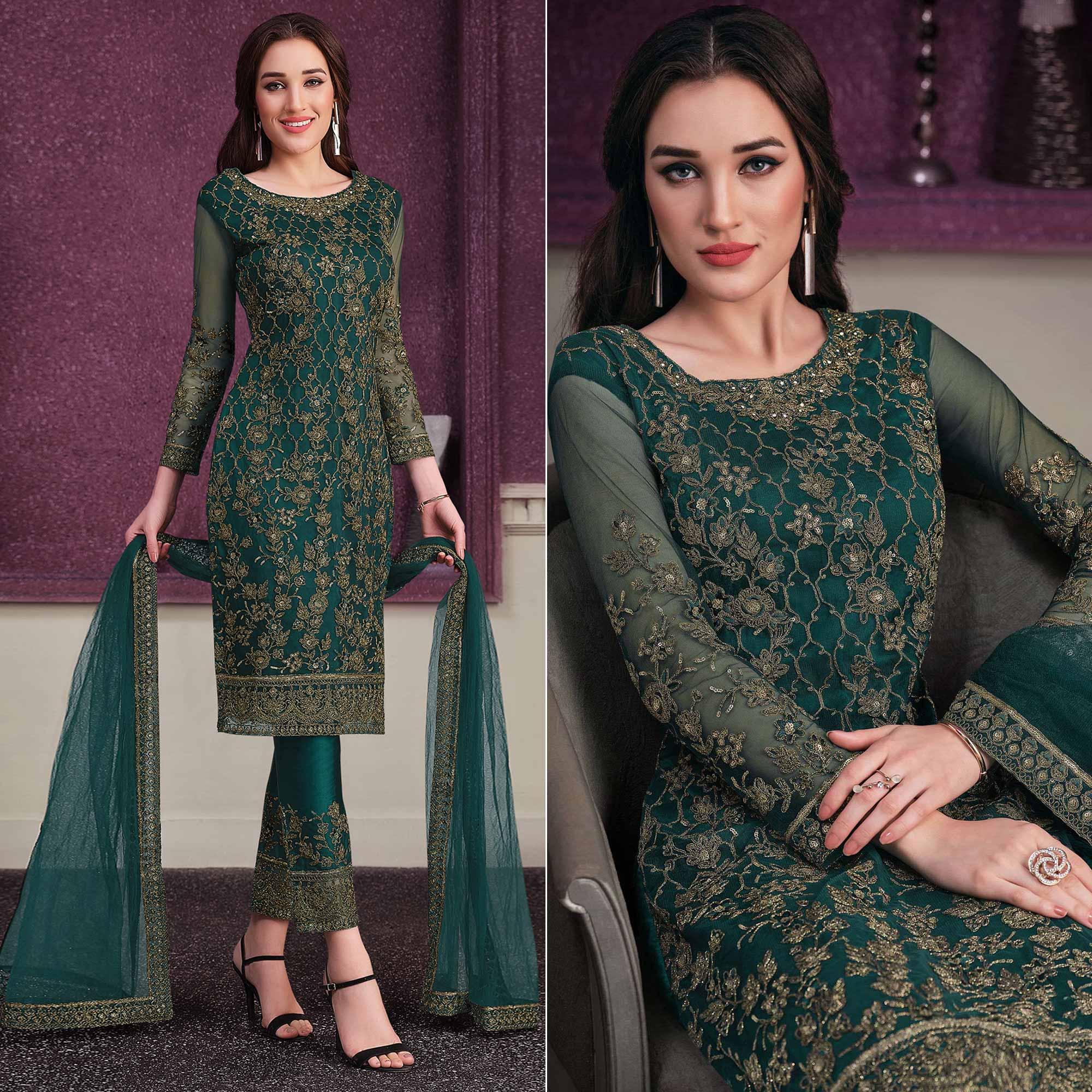 Peachmode Dark Green Embroidered Netted Suit