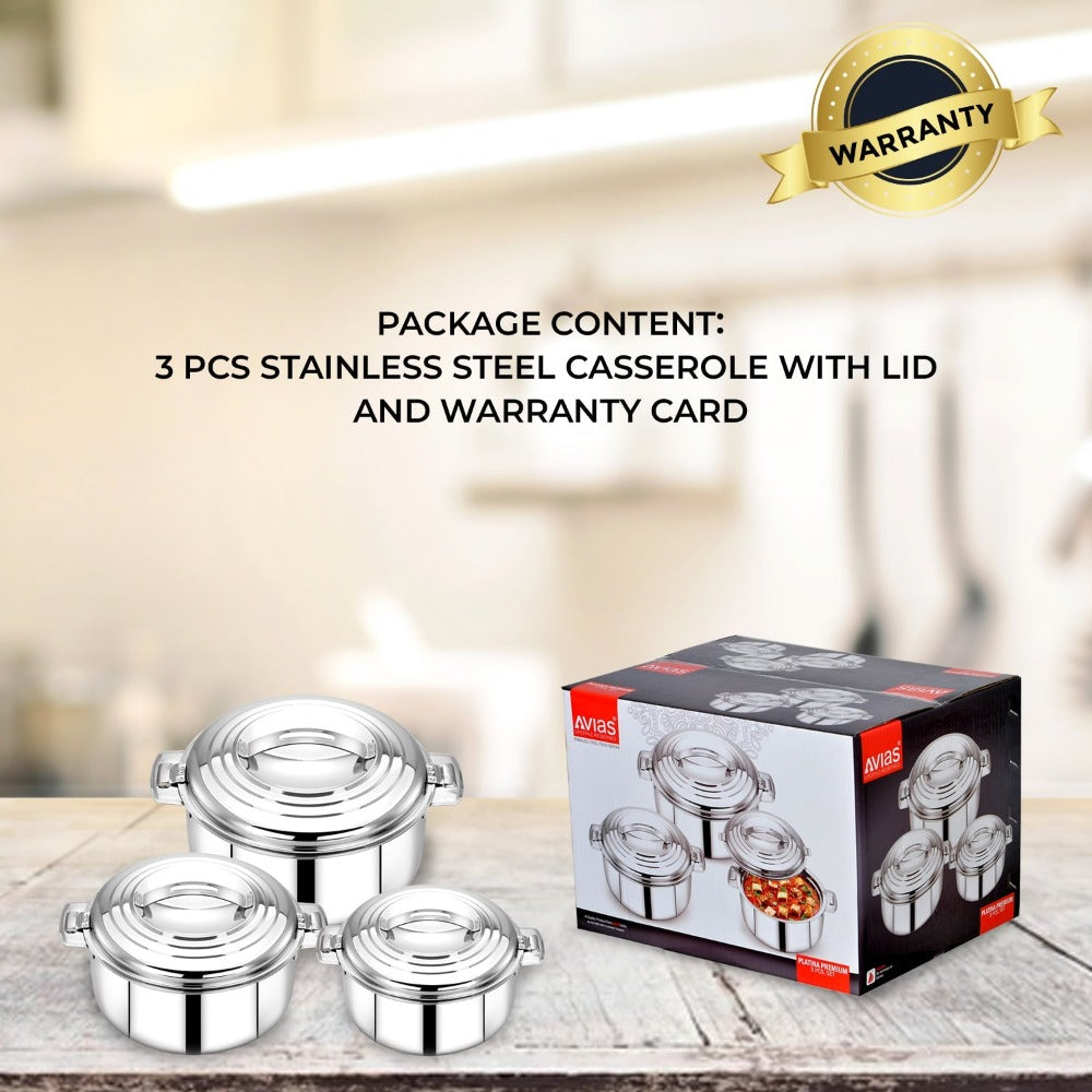 AVIAS Platina Premium Casserole Gift Set 1000 ML + 1500 ML + 2500 ML | Riveted Handles | PUF Insulated | Silver | Set of 3 Pcs - view 4