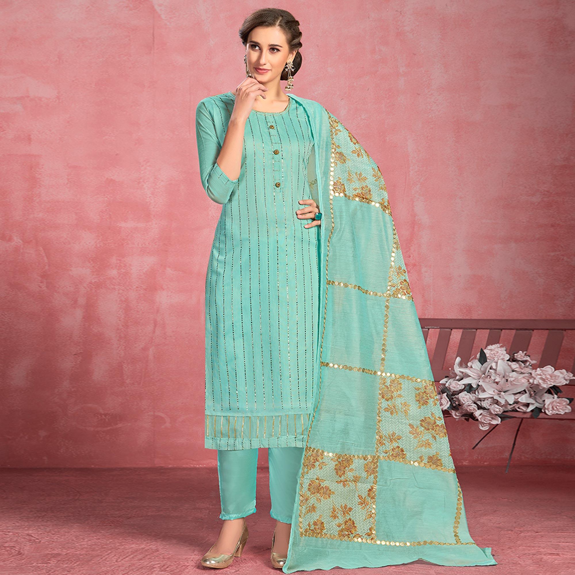 Peachmode Ideal Turquoise Blue Colored Partywear Embroidered Pure Cotton Dress Material