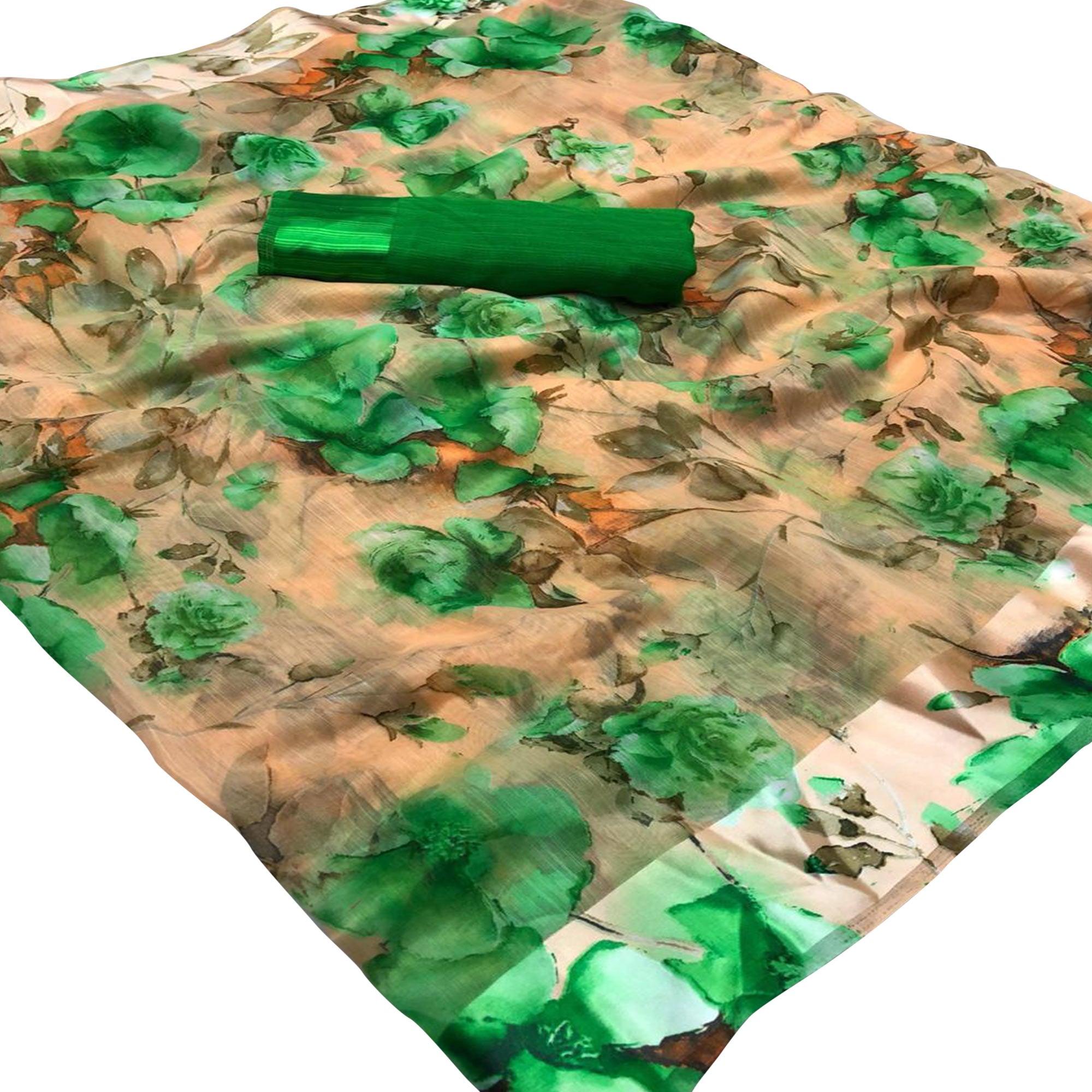 Peachmode Engrossing Peach-Green Colored Casual Wear Floral Printed Linen Saree