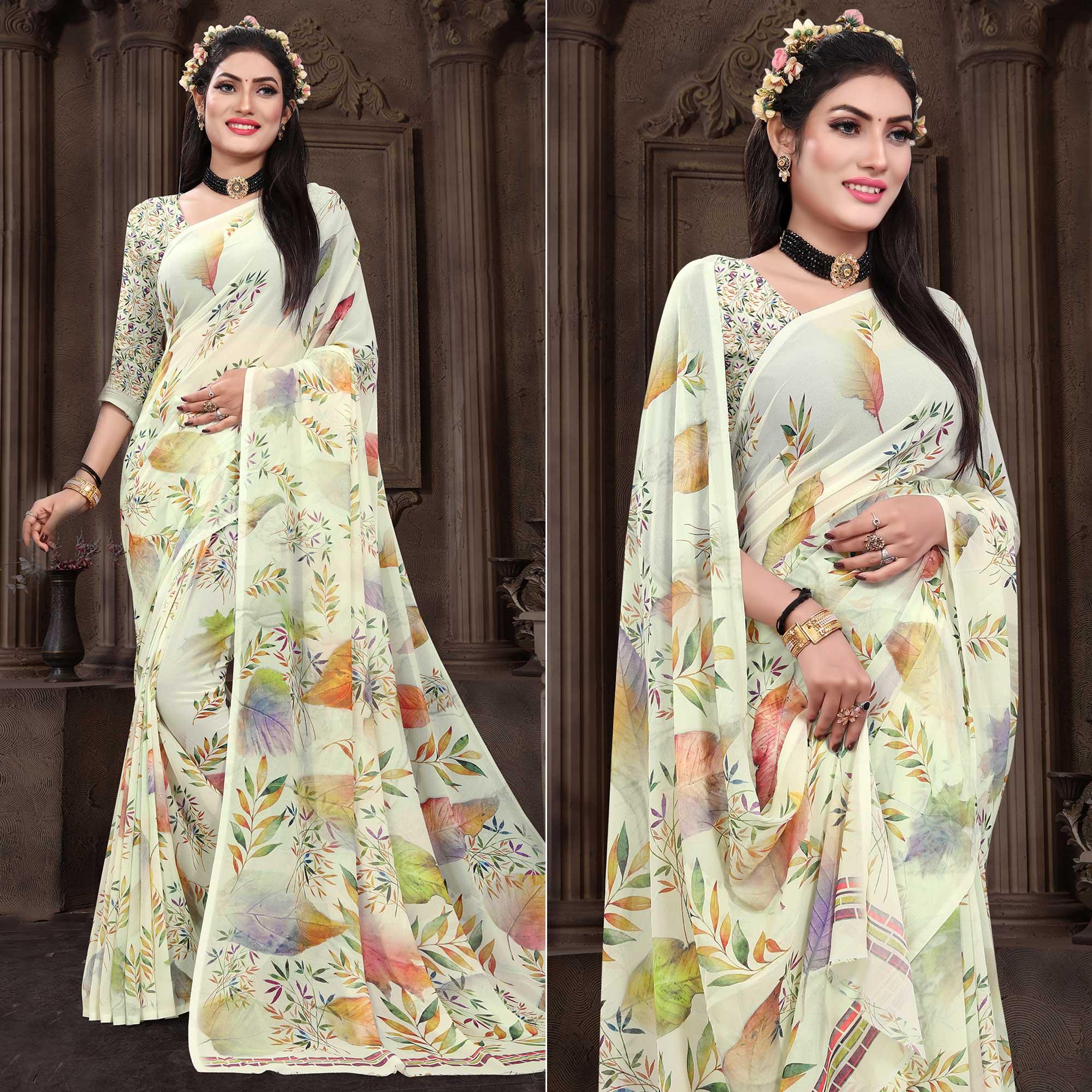 Peachmode Cream Casual Wear Floral Printed Georgette Saree