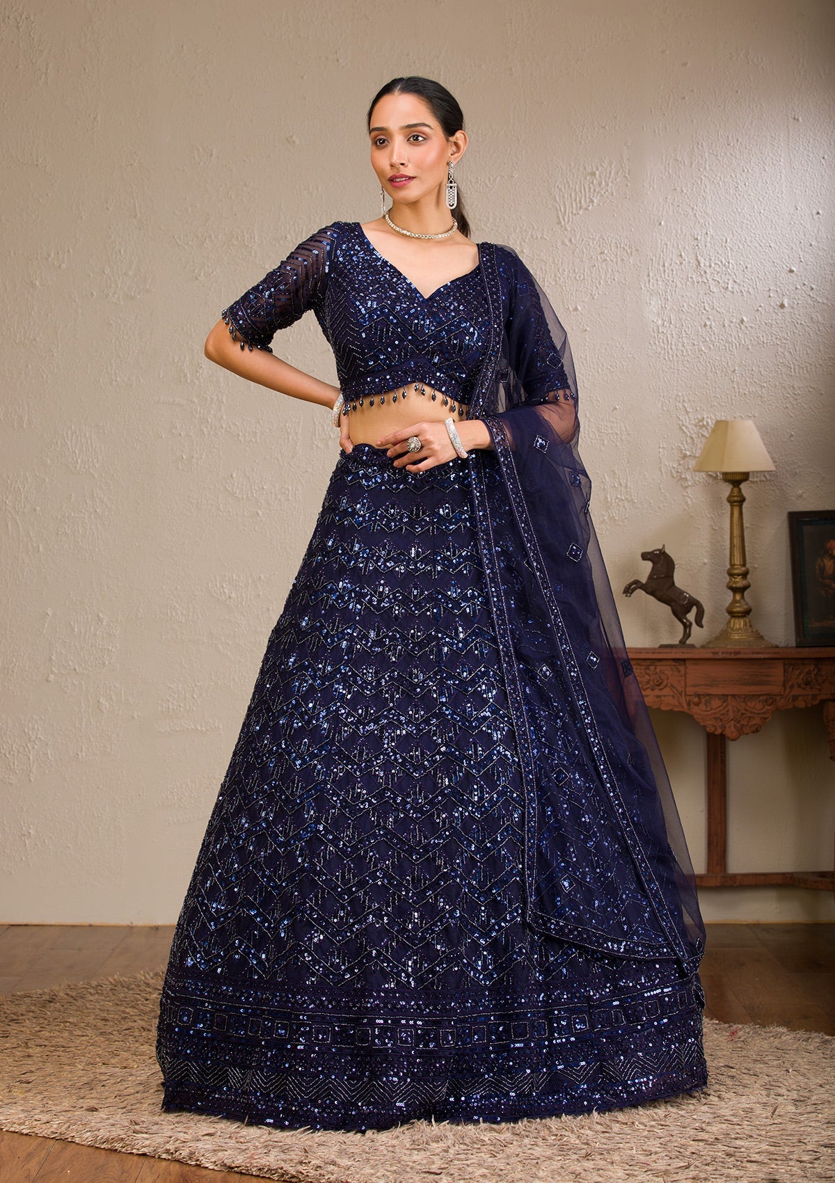 Koskii Navy Blue Sequins Net Readymade Lehenga