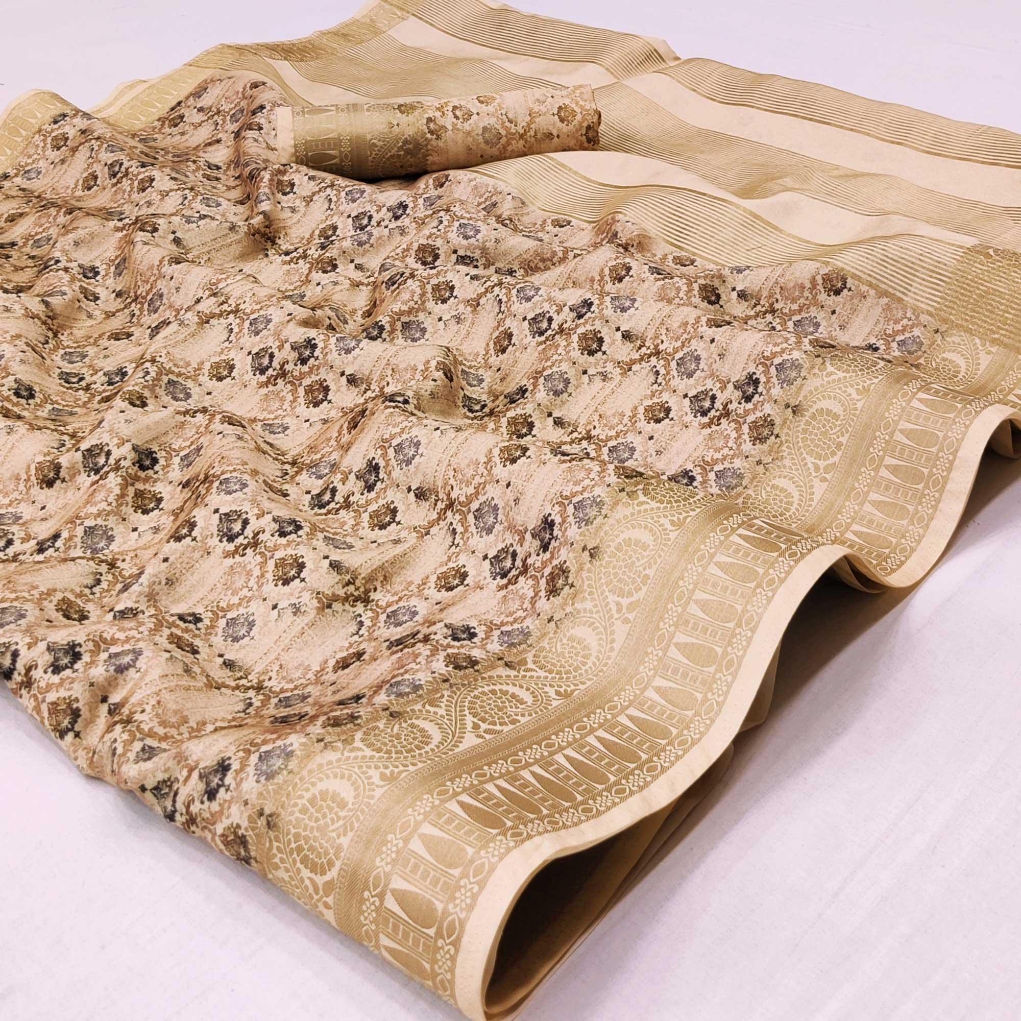 Peachmode Chikoo Digital Printed Dola Silk Saree