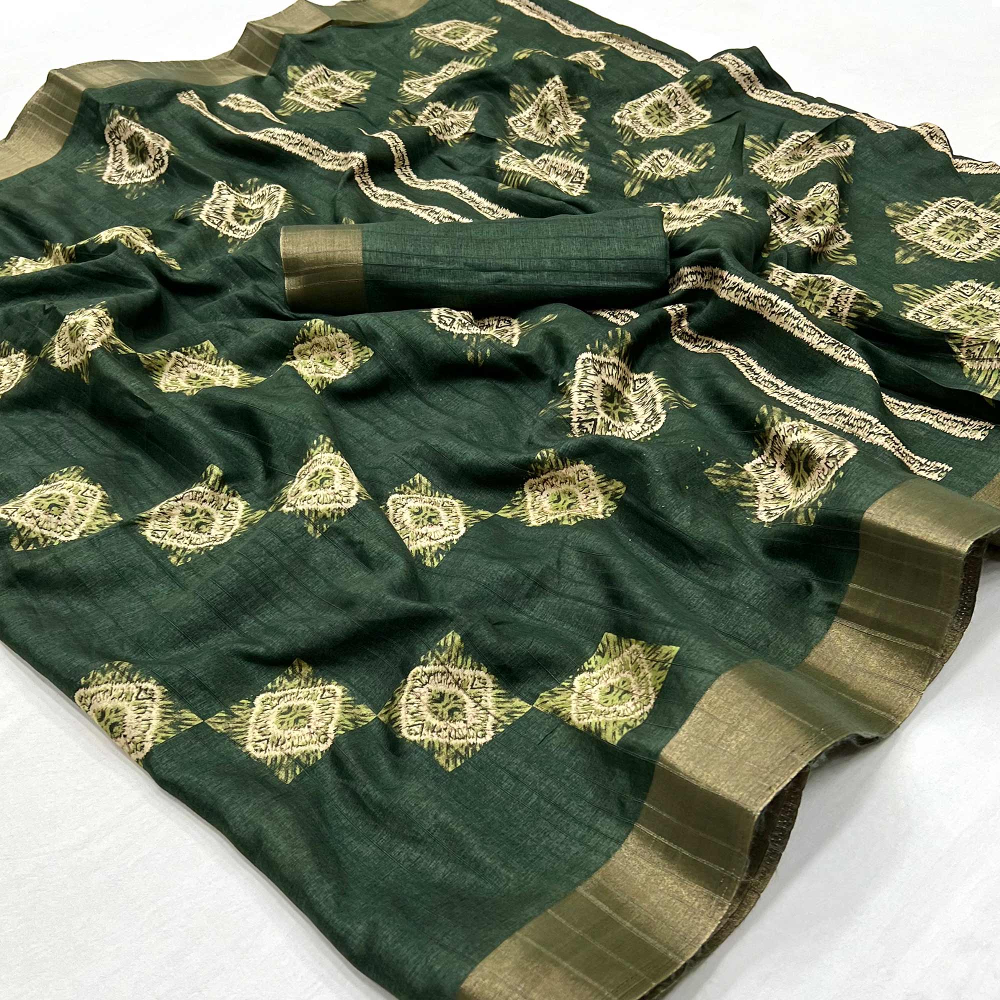 Peachmode Bottle Green Printed Cotton Blend Saree With Zari Border