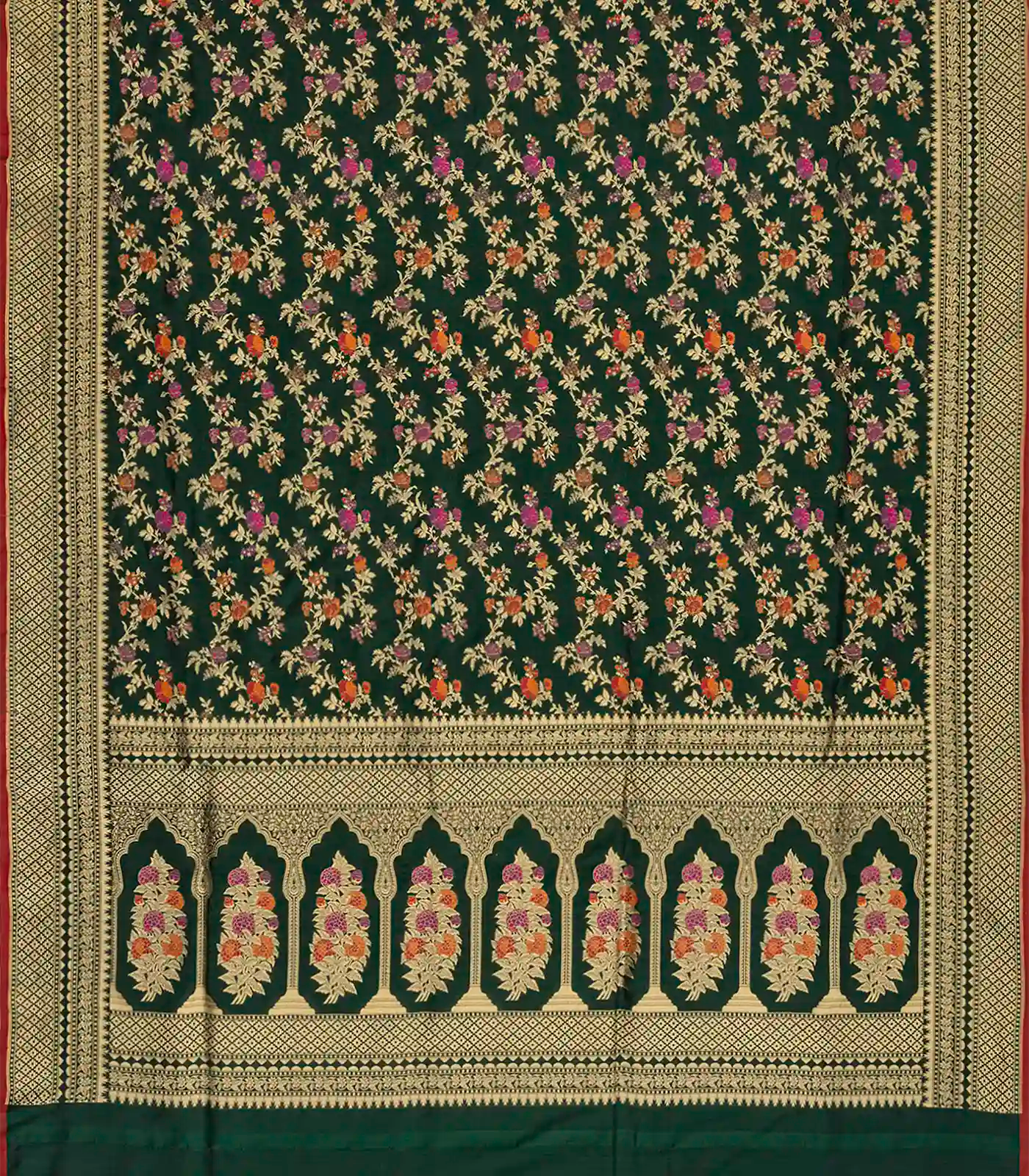 RmKV Bottle Green Handloom Banarasi Silk Saree With Meena Floral Motifs-Bottle Green - view 2