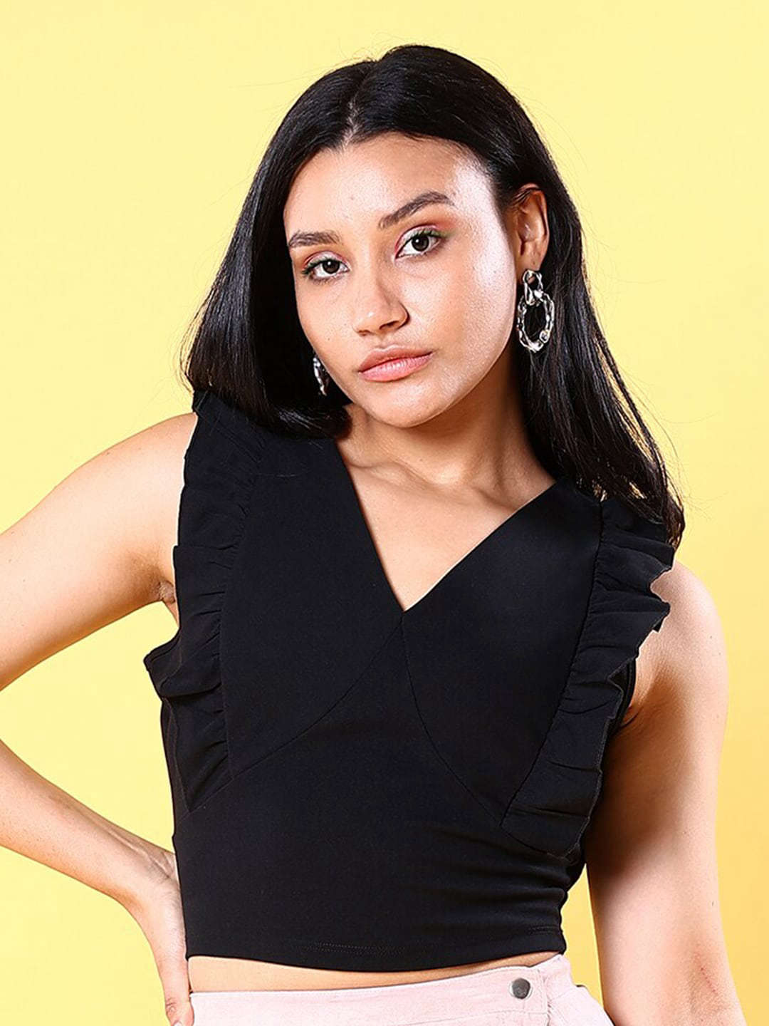 Freehand By The Indian Garage Co Women V Neck Ruffle Crop Top