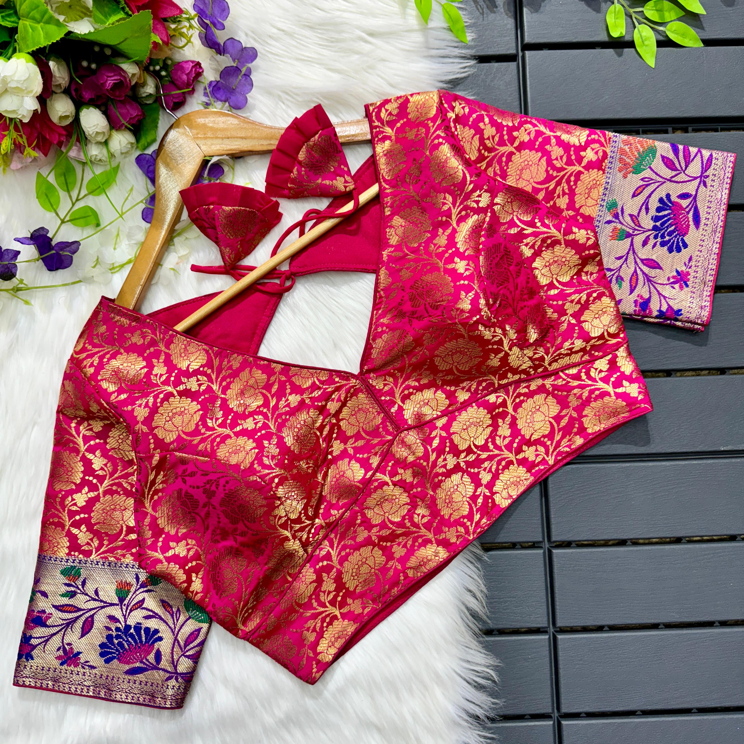 ClothsVilla Pink Multi Meena Work Pure Paithani Blouse
