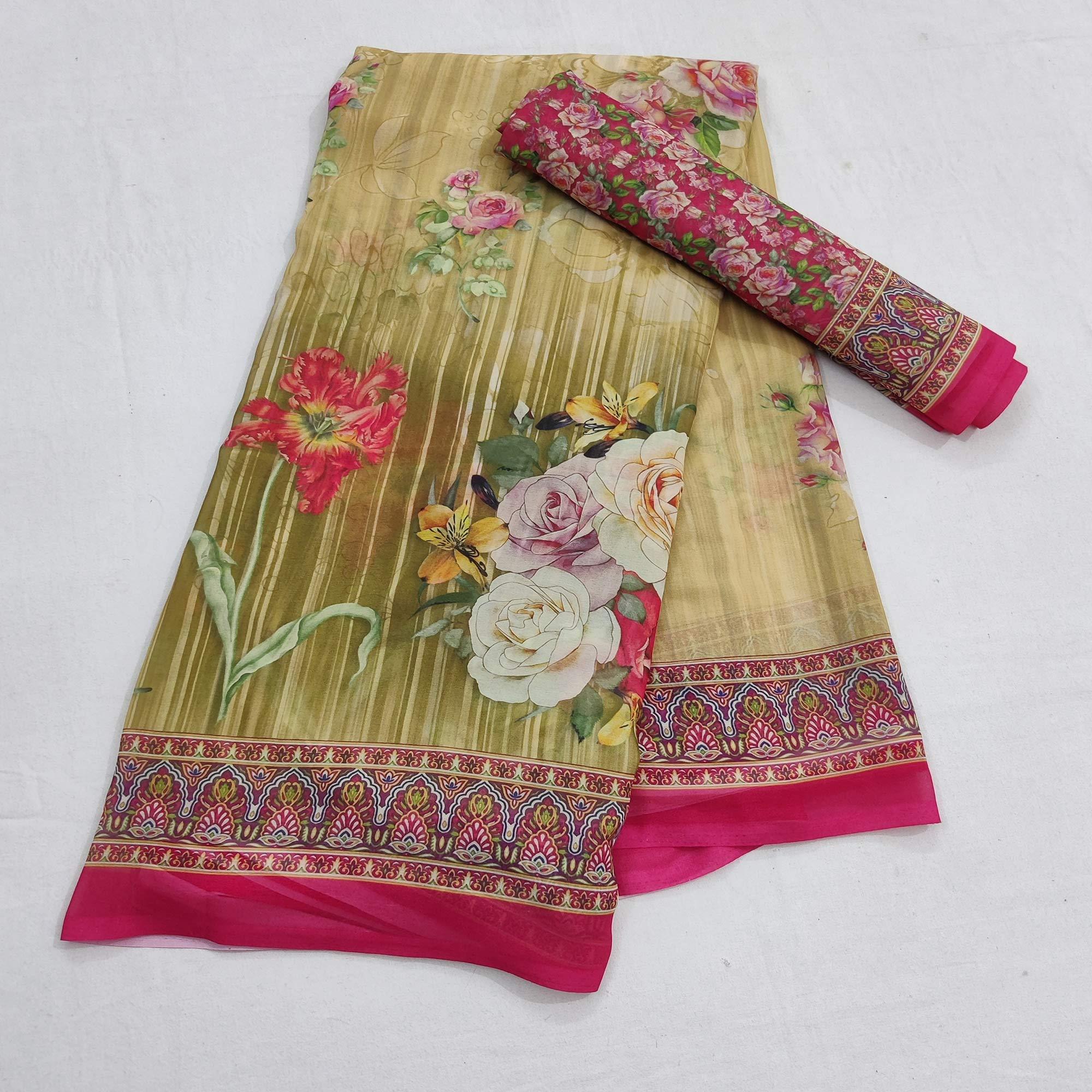 Peachmode Mehndi Green Casual Wear Floral Digital Printed Georgette Saree - view 3