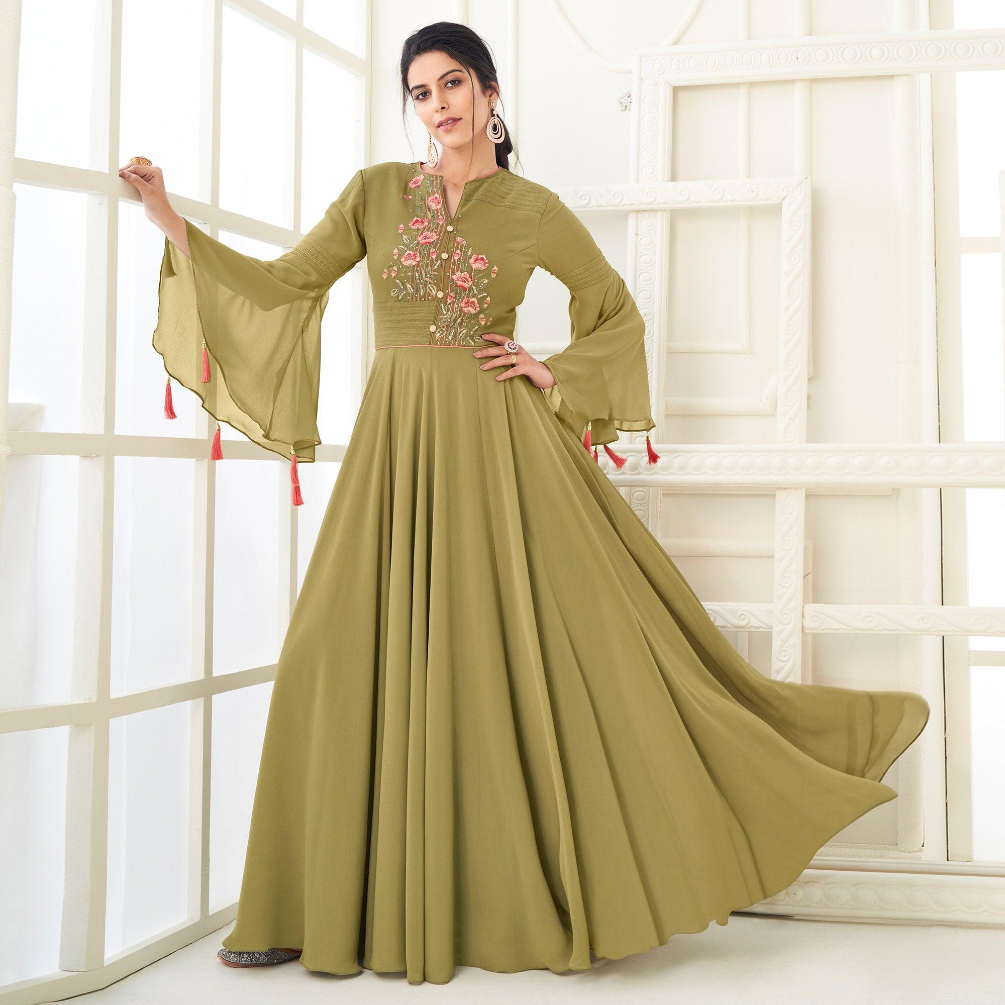 Peachmode Seller Mehendi Green Partywear Embroidered Heavy Georgette Gown
