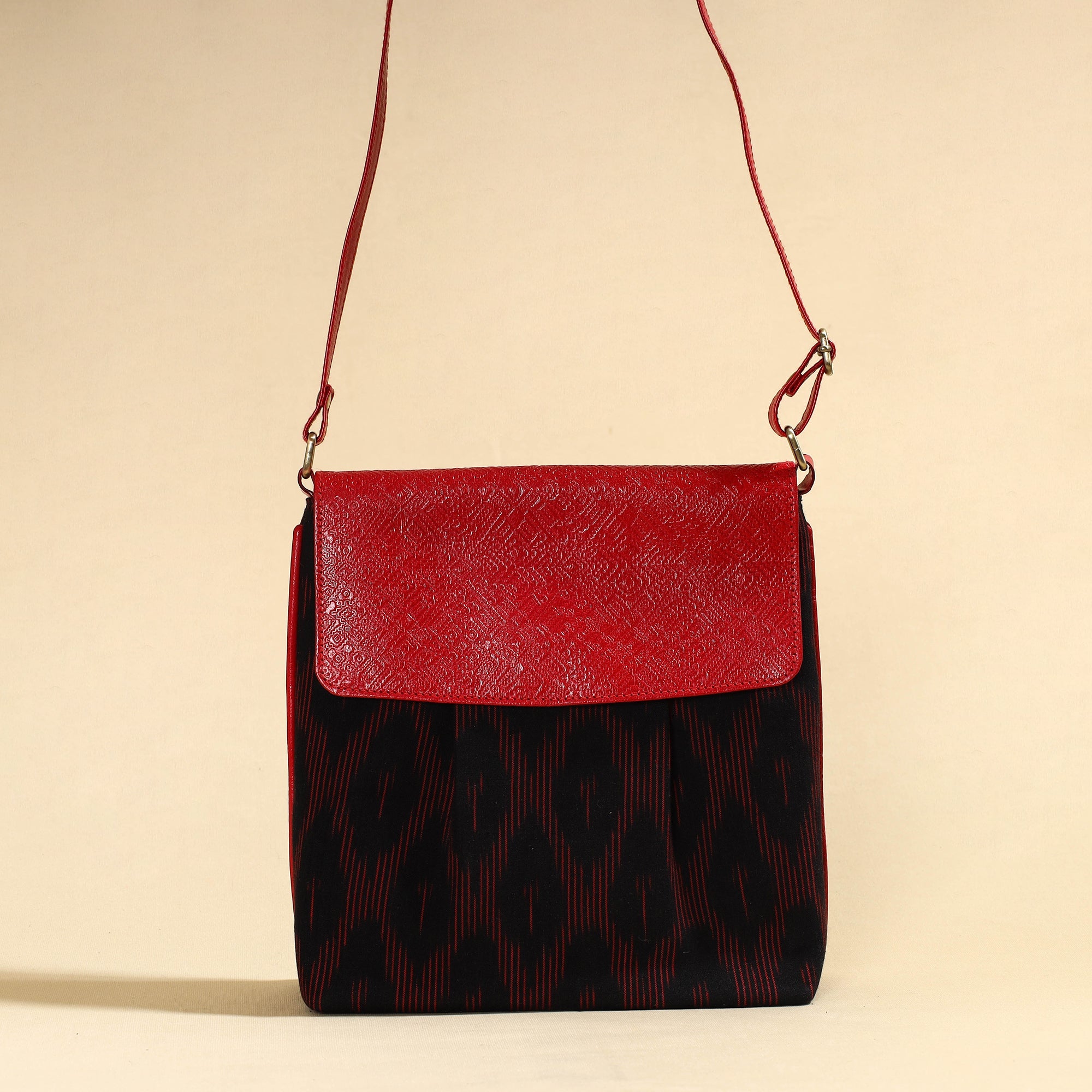 ASALKAAR Black - Handcrafted Ikat Fabric Sling Bag with Embossed Leather Flap