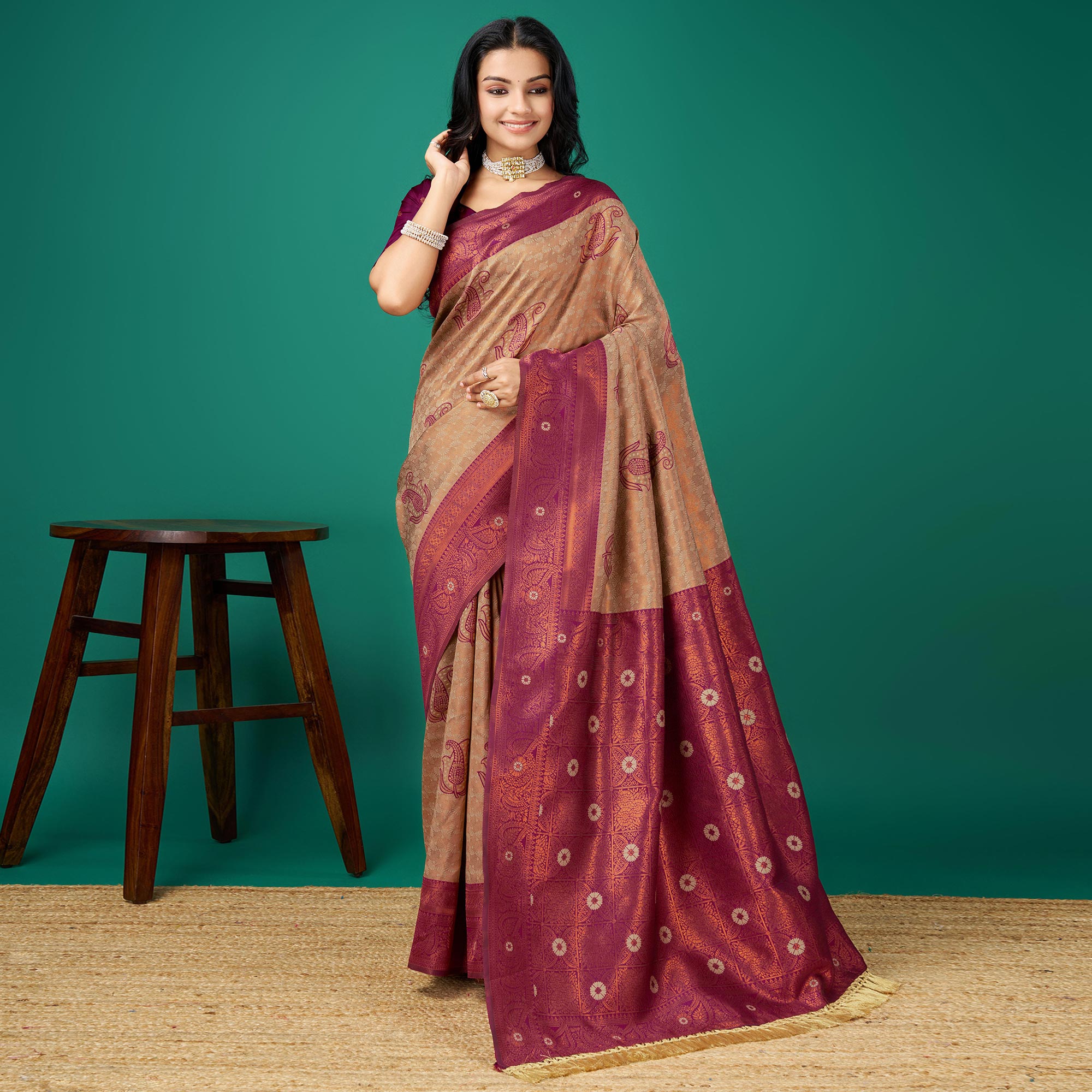 Peachmode Chikoo Zari Woven Banarasi Silk Saree With Tassels - view 2