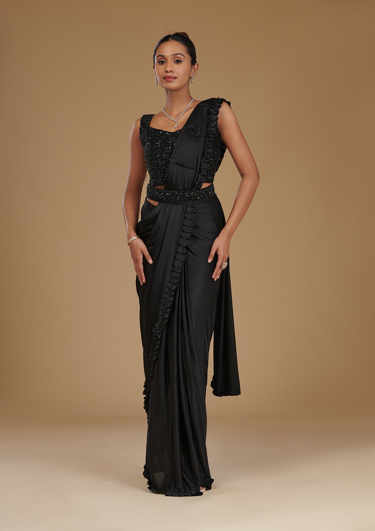 Koskii Black Stonework Satin Readymade Saree – Women's