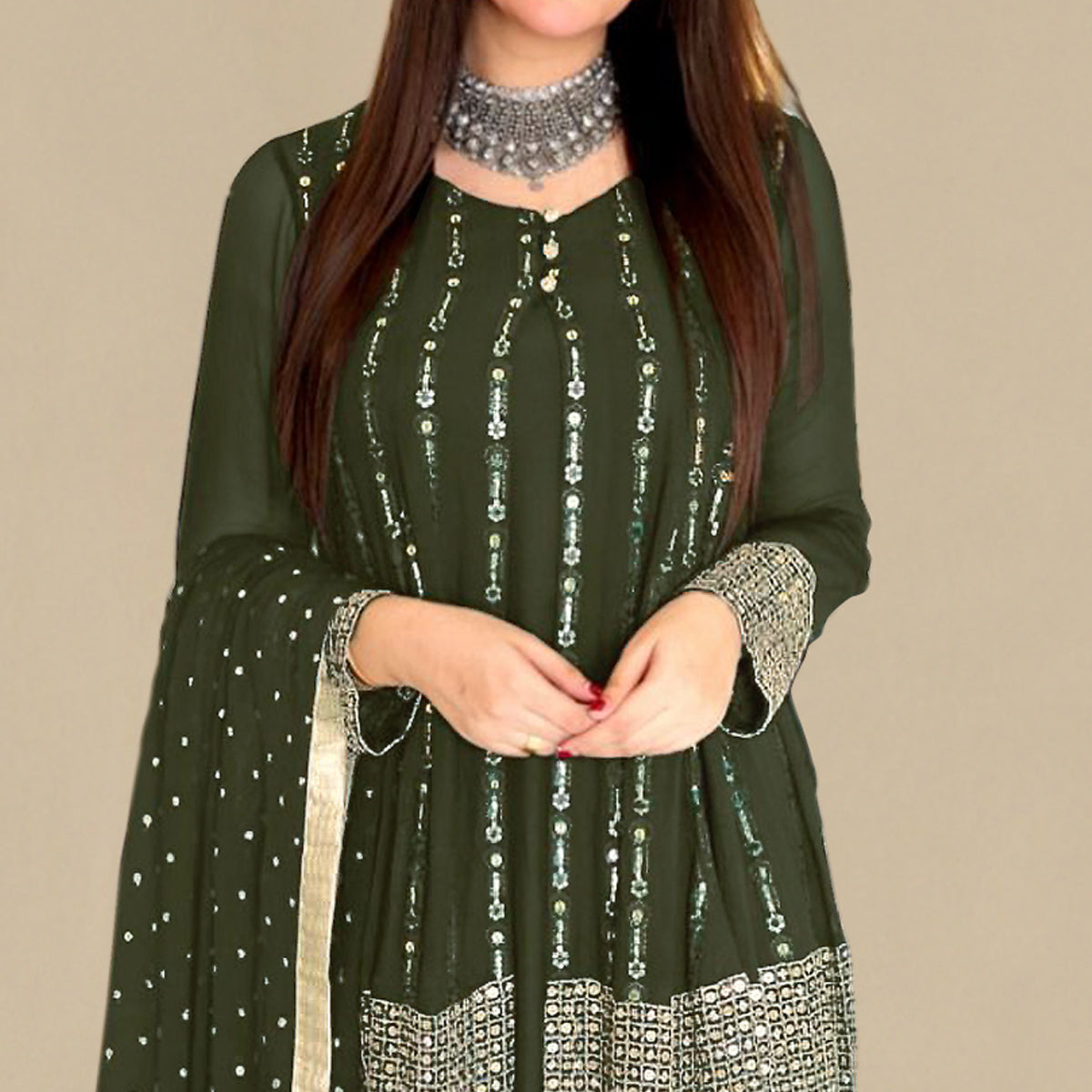 Peachmode Mehendi Green Sequins Embroidered Georgette Pakistani Suit - view 3