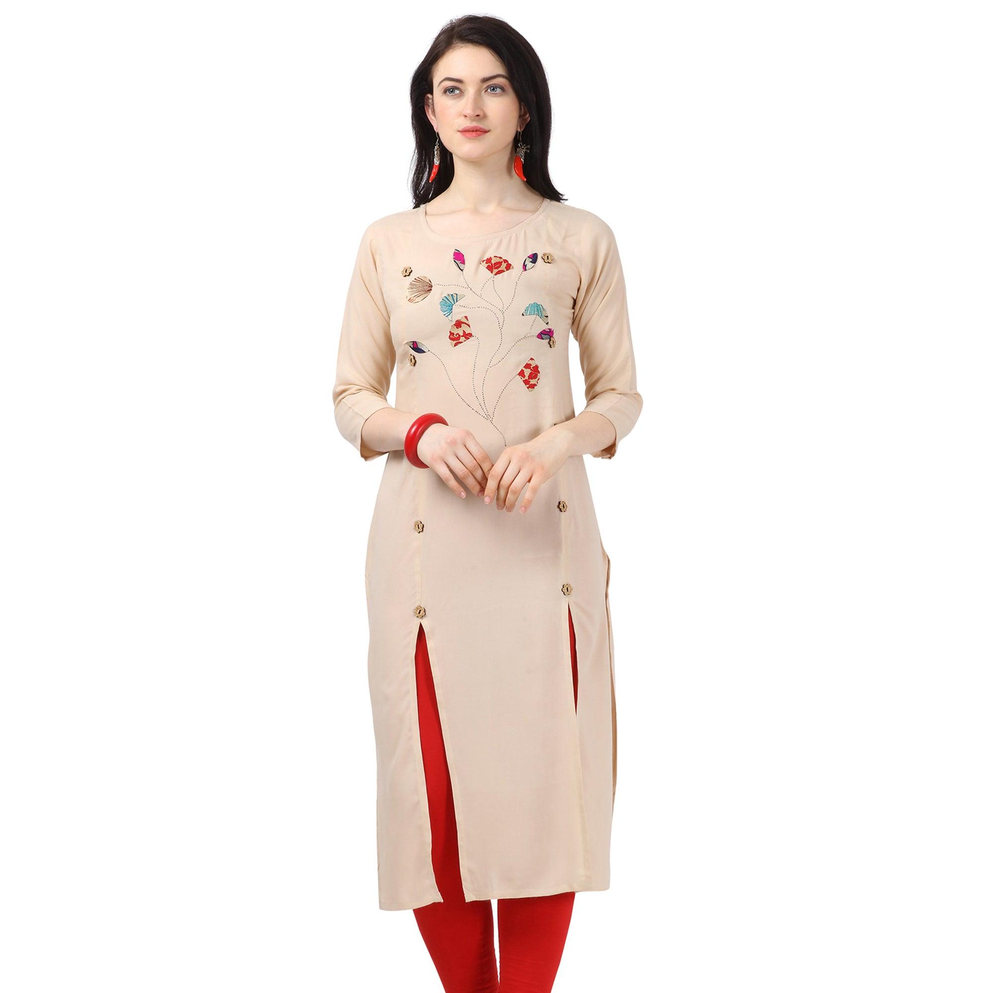 Peachmode Seller Lovely Beige Colored Partywear Embellished Rayon Kurti