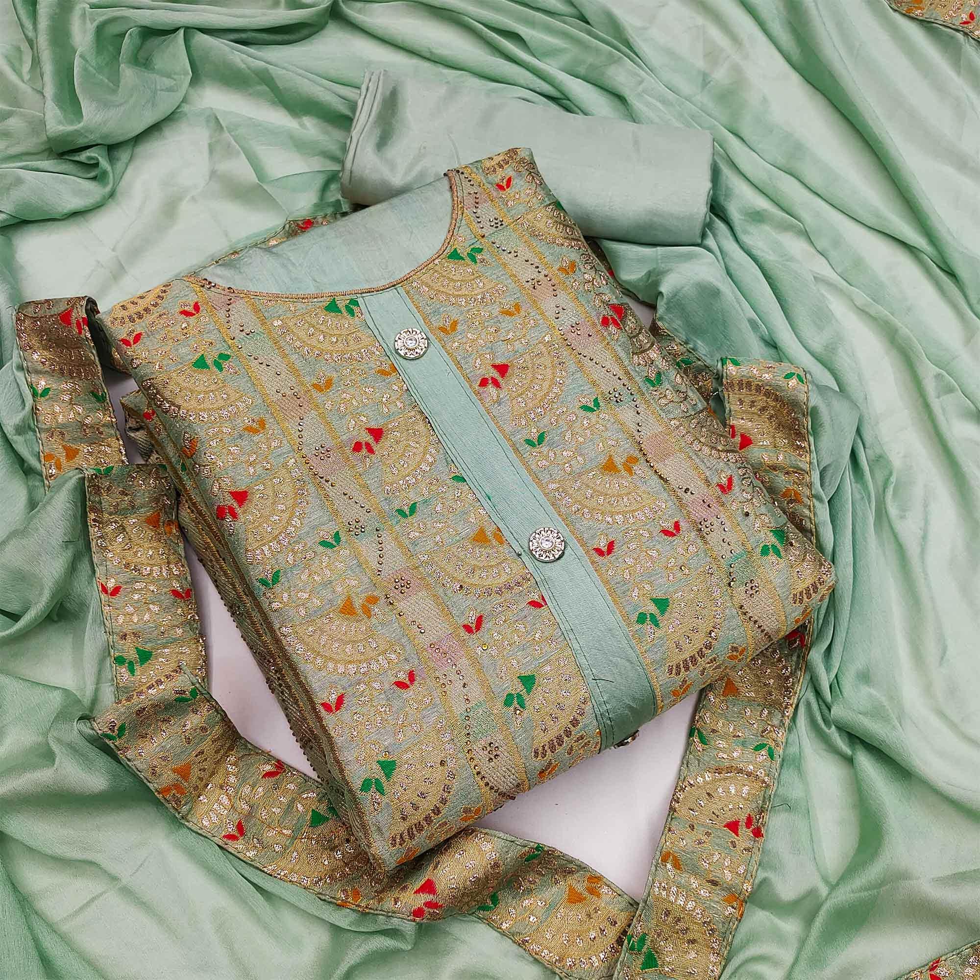 Peachmode Light Green Festive Wear Embroidered Tapetta Dress Material