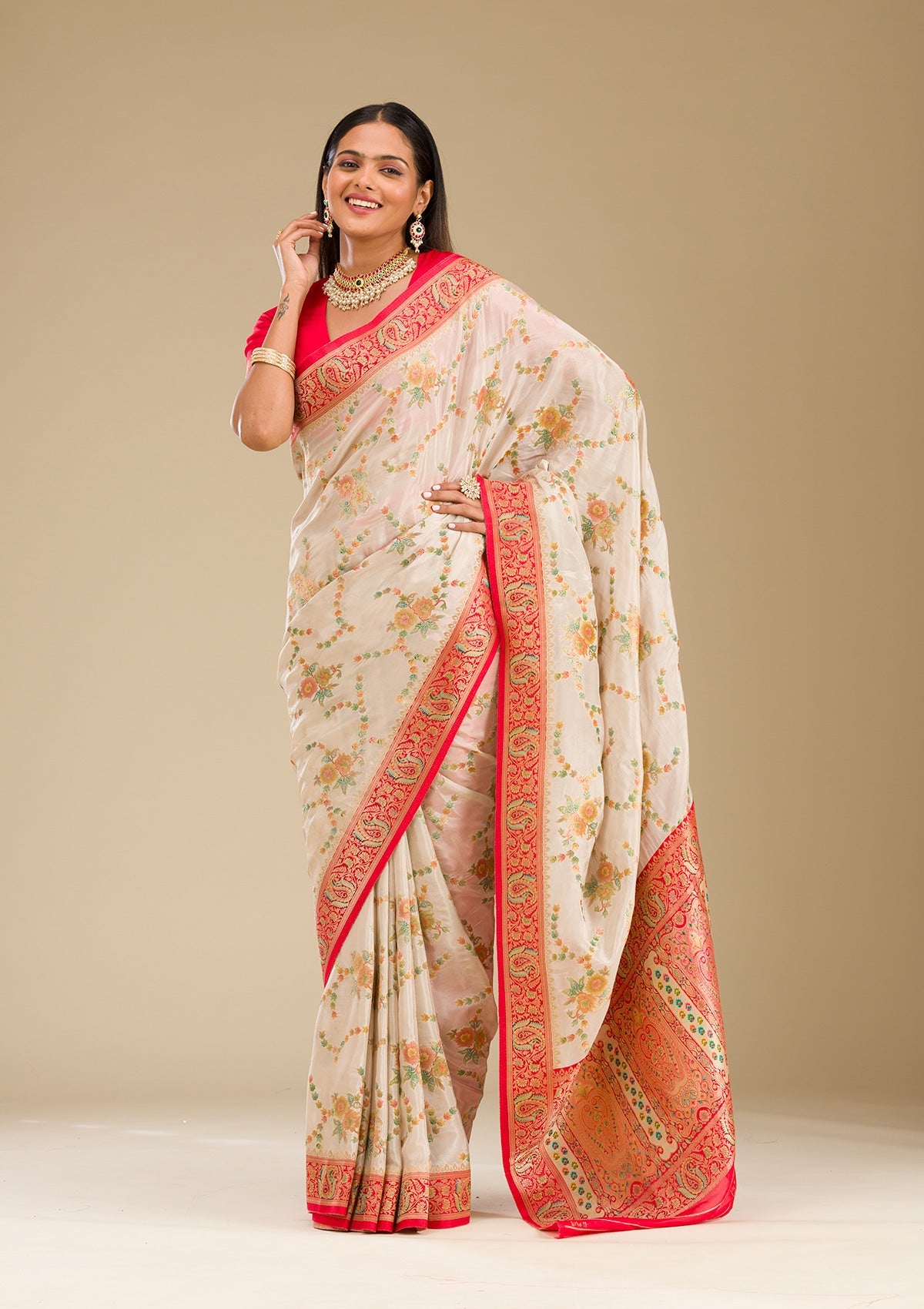 Koskii Beige Zariwork Banarasi Silk Saree – Women's