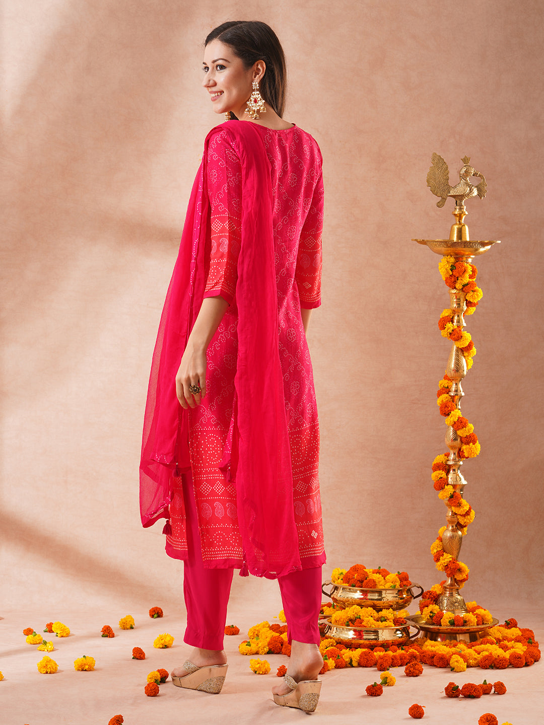 FASHOR Bandhani Printed & Embroidered Straight Fit Kurta with Pant & Dupatta - Pink - view 6