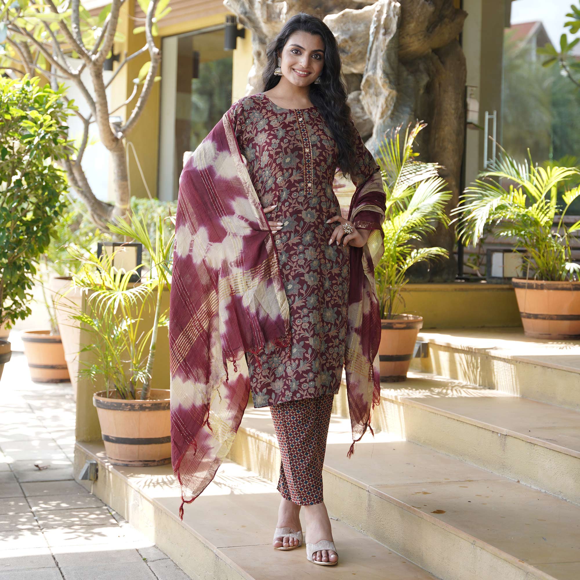 Peachmode Maroon Foil Printed Rayon Suit - view 6