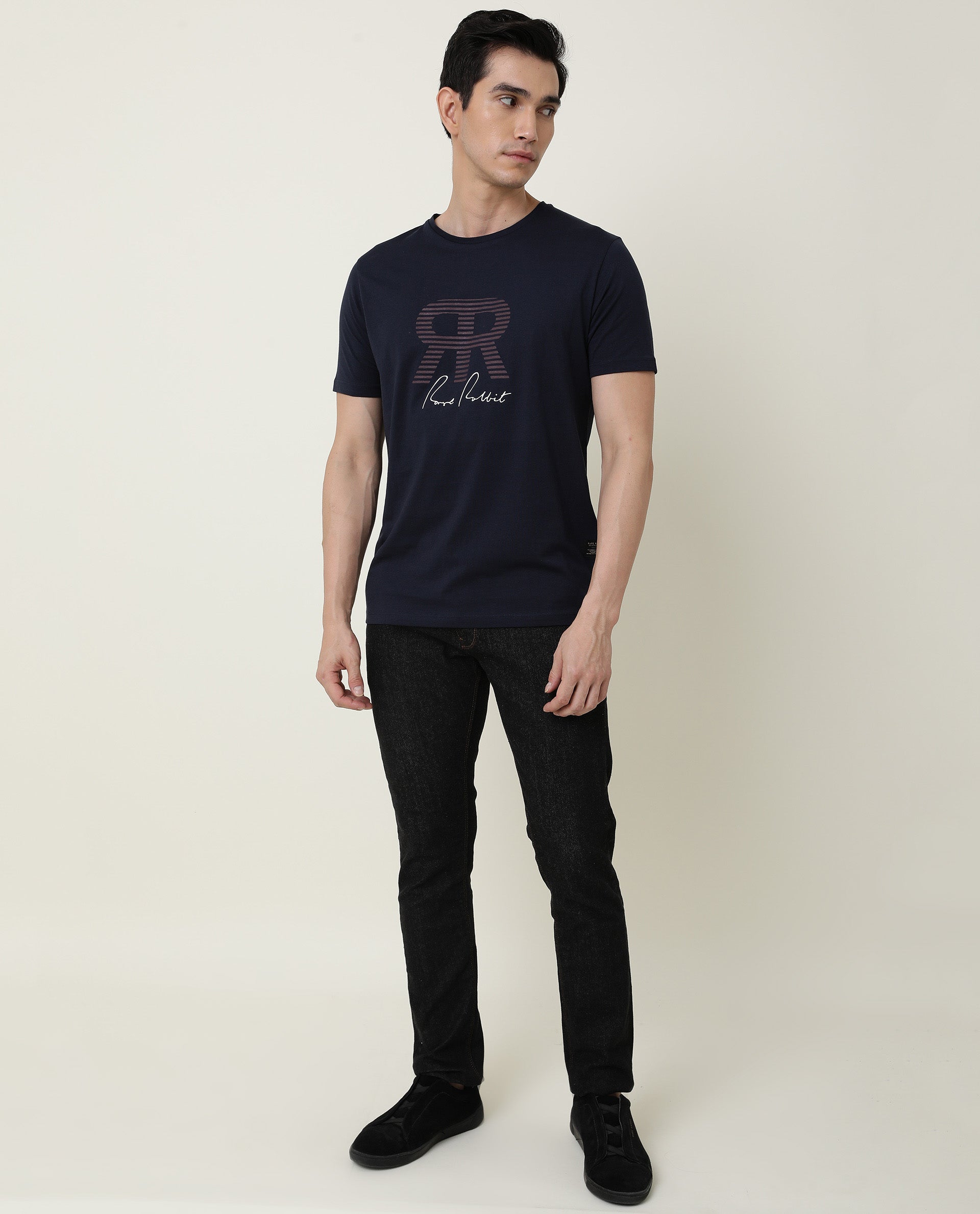 Rare Rabbit Mens Near Navy T-shirt Cotton Fabric Slim Fit Crew Neck Short Sleeve Graphic Print - view 3