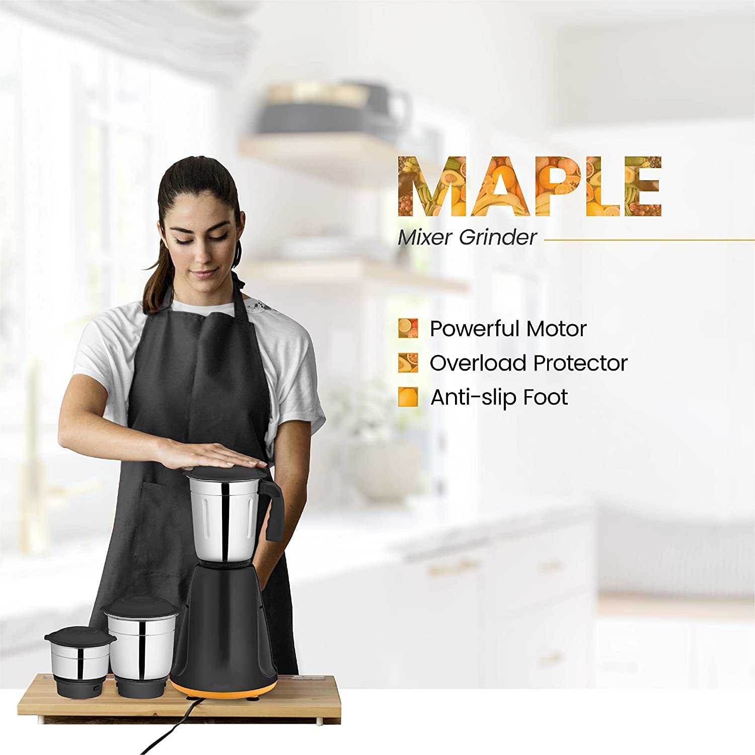 Candes MG154 Maple 550-Watt Mixer Grinder with 3 Jars (Powerful Motor and 2 Year Warranty Orange/Black) + Quick Hand Vegetables & Fruit Chopper Black, - view 5