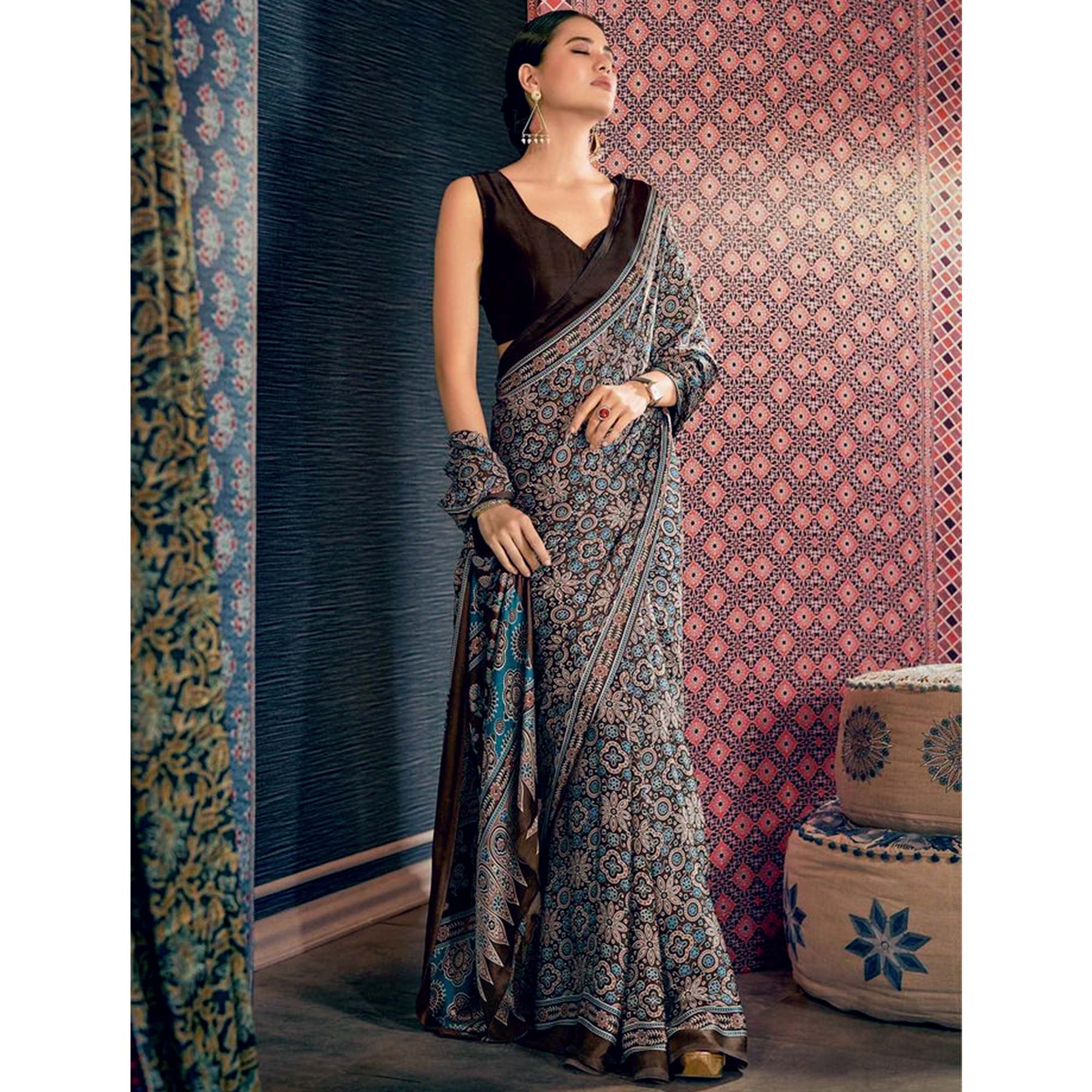 Peachmode Brown Ajrakh Printed Satin Saree – Women's - view 3