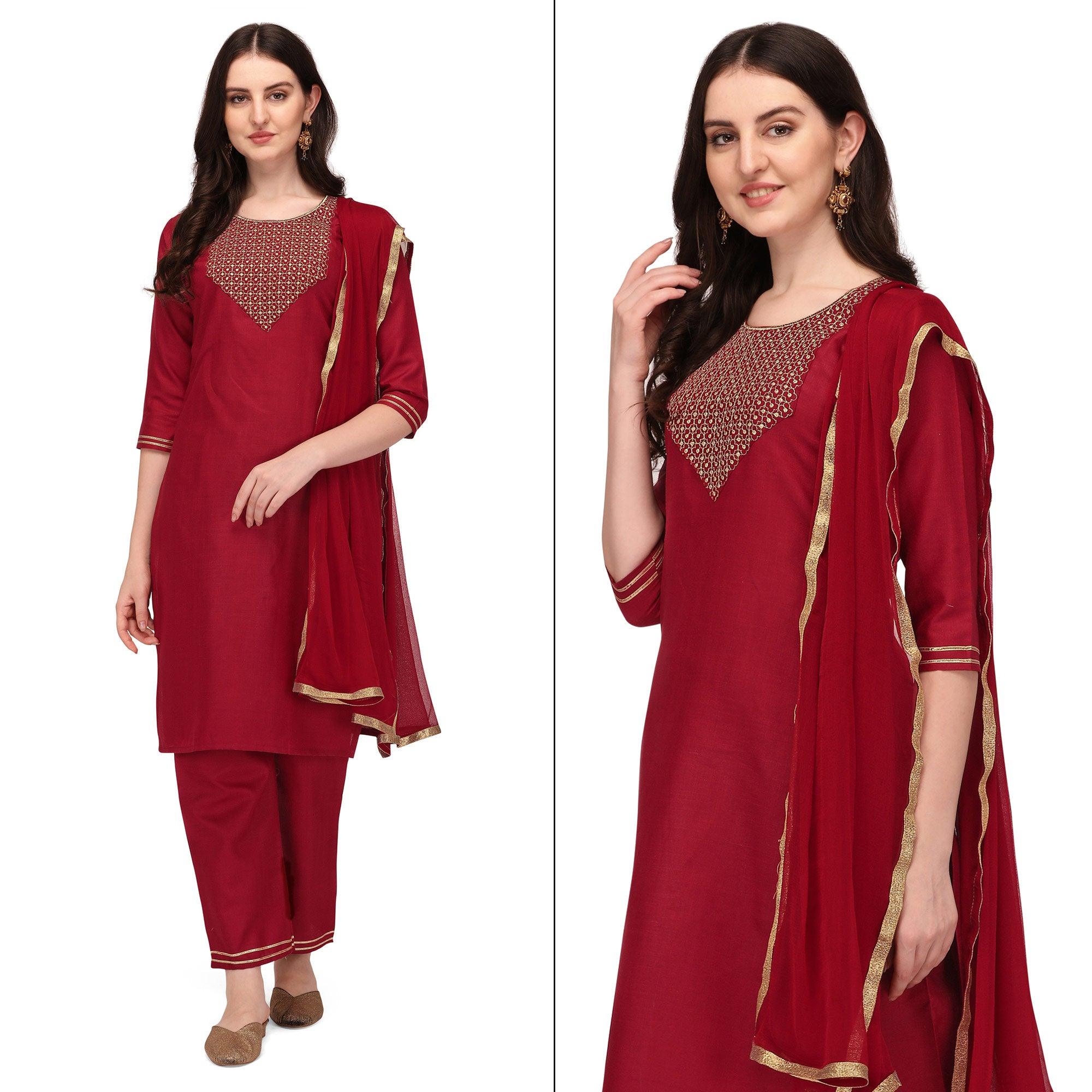 Peachmode Seller Maroon Embroidered Cotton Blend Kurti Pant Set With Dupatta