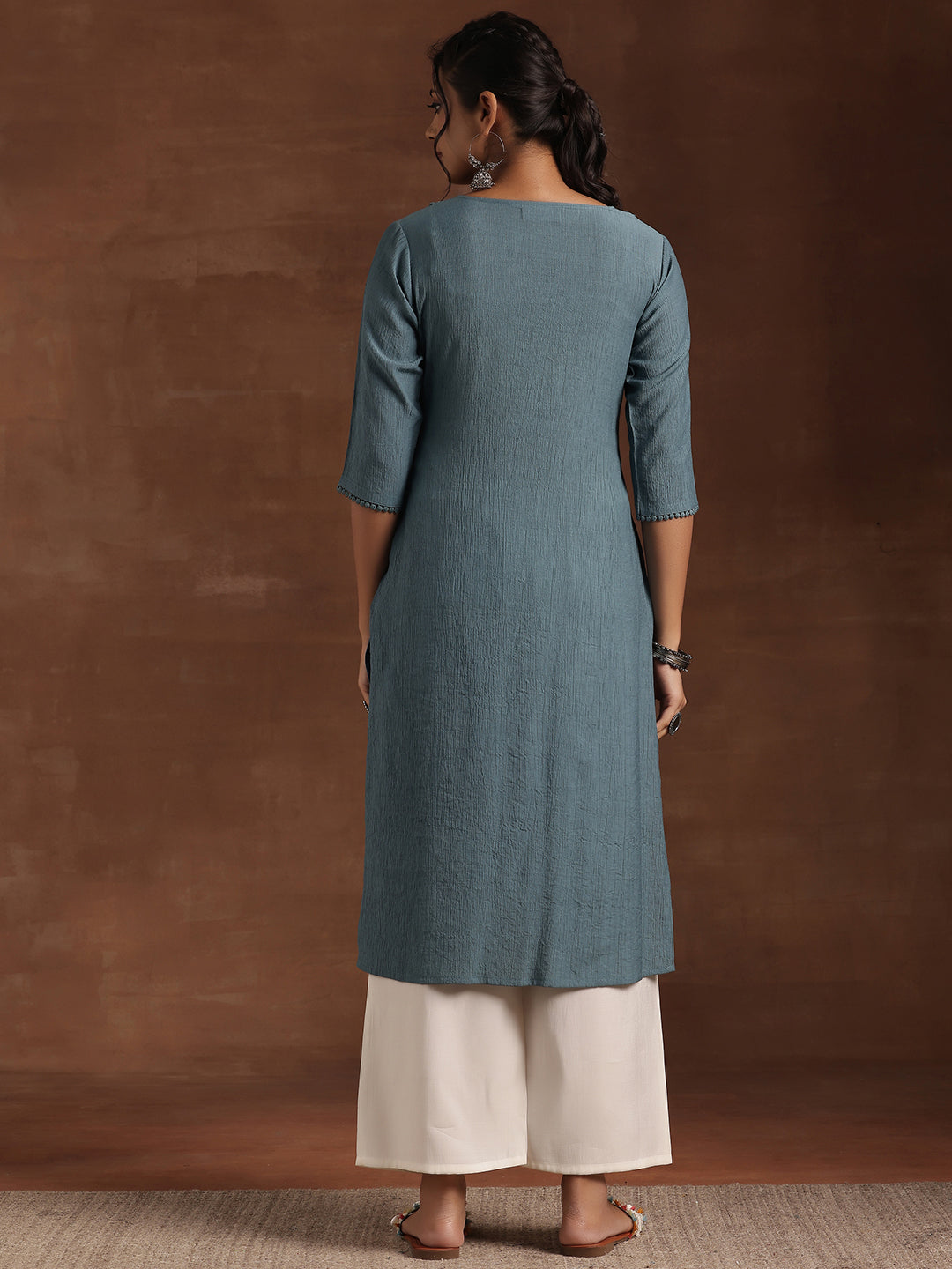 Libas Blue Yoke Design Cotton Straight Kurta - view 3