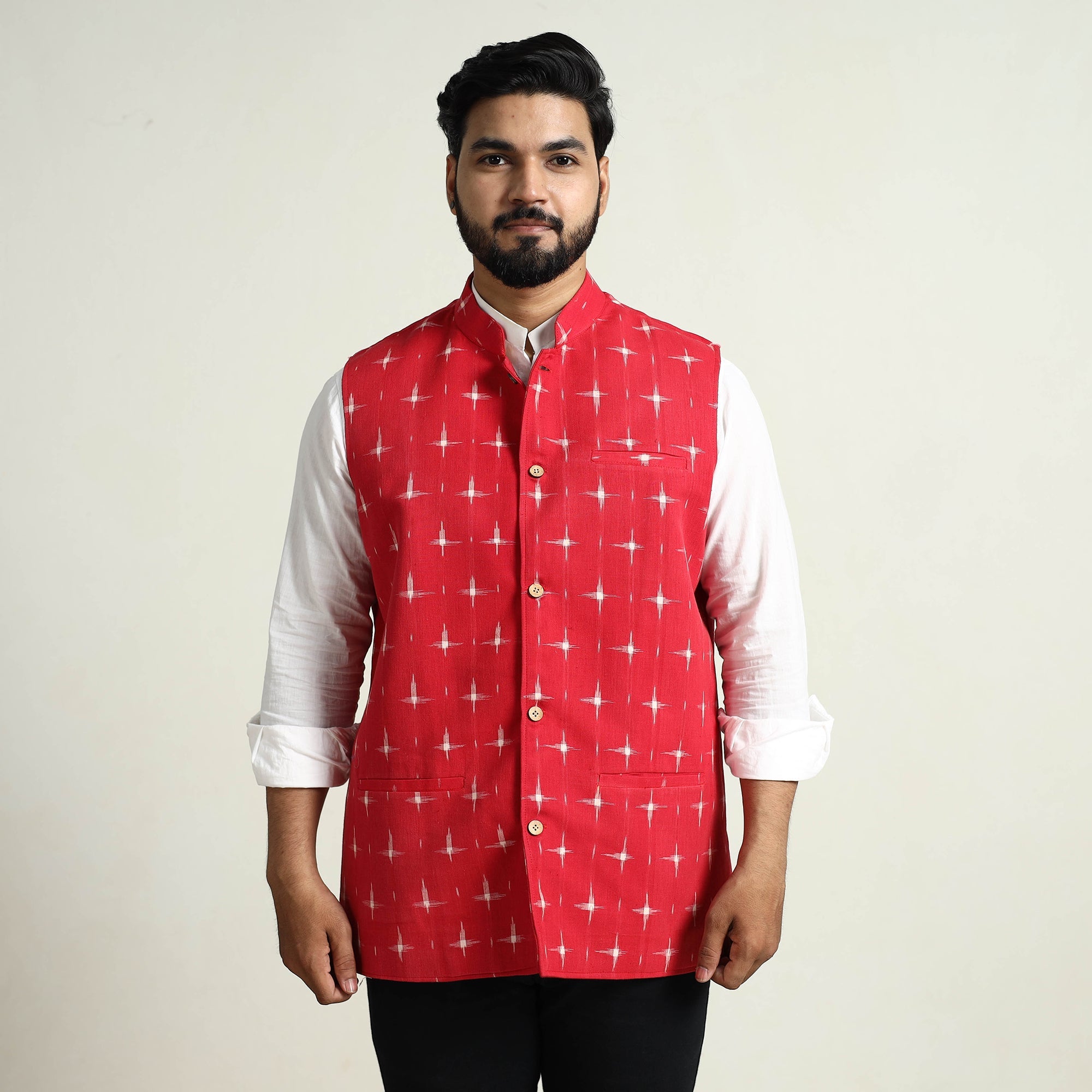 ITOKRI CASUALS Black - Pochampally Double Ikat Handloom Cotton Men Nehru Jacket 09 - view 4
