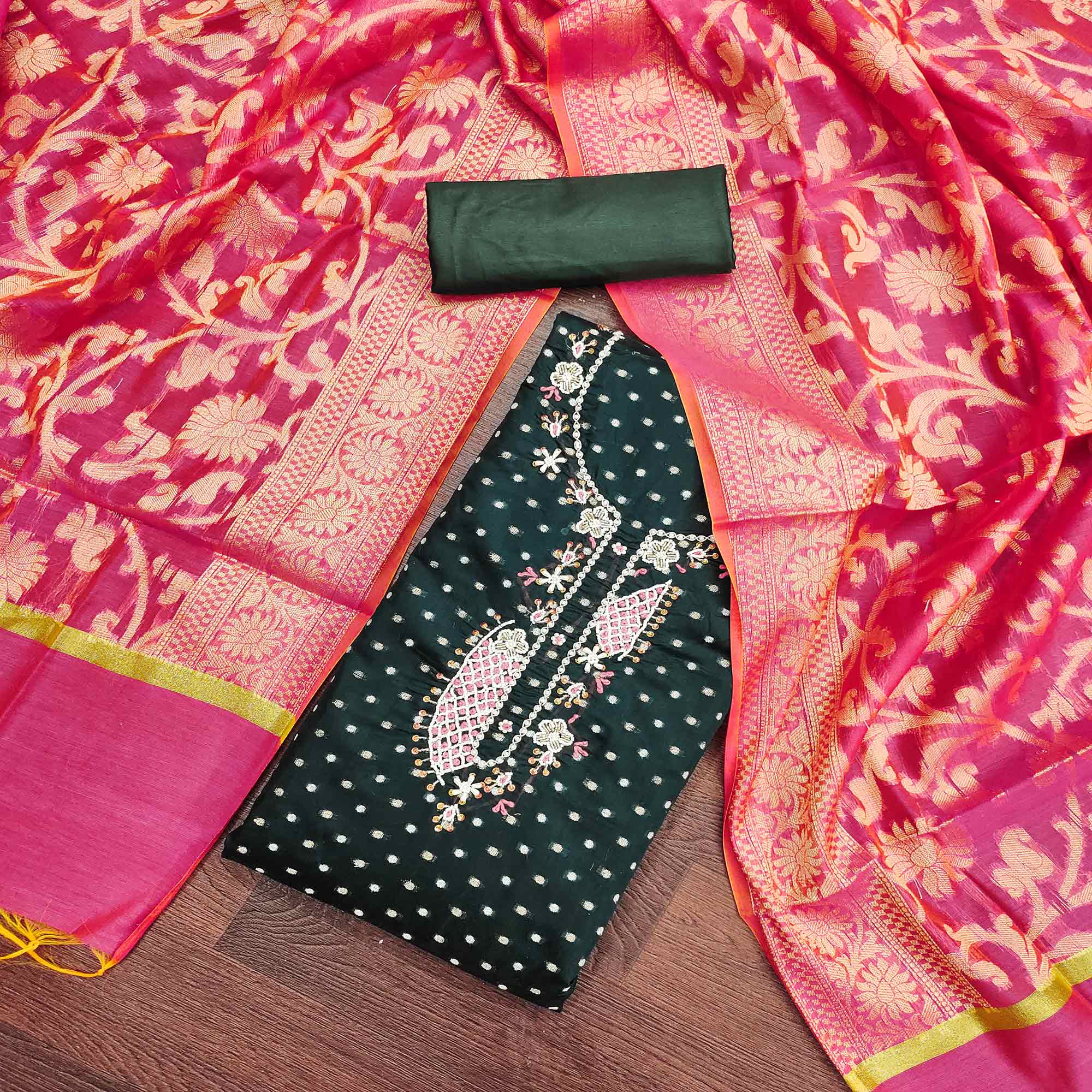 Peachmode Bottle Green Woven With Hand Embroidery Chanderi Dress Material - view 3