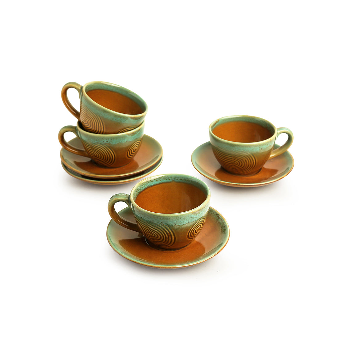 EXCLUSIVELANE 'Peacock Boulevard' Hand-Engraved Ceramic Tea Cups & Saucers (Set of 4, 180 ML, Microwave Safe) - view 2