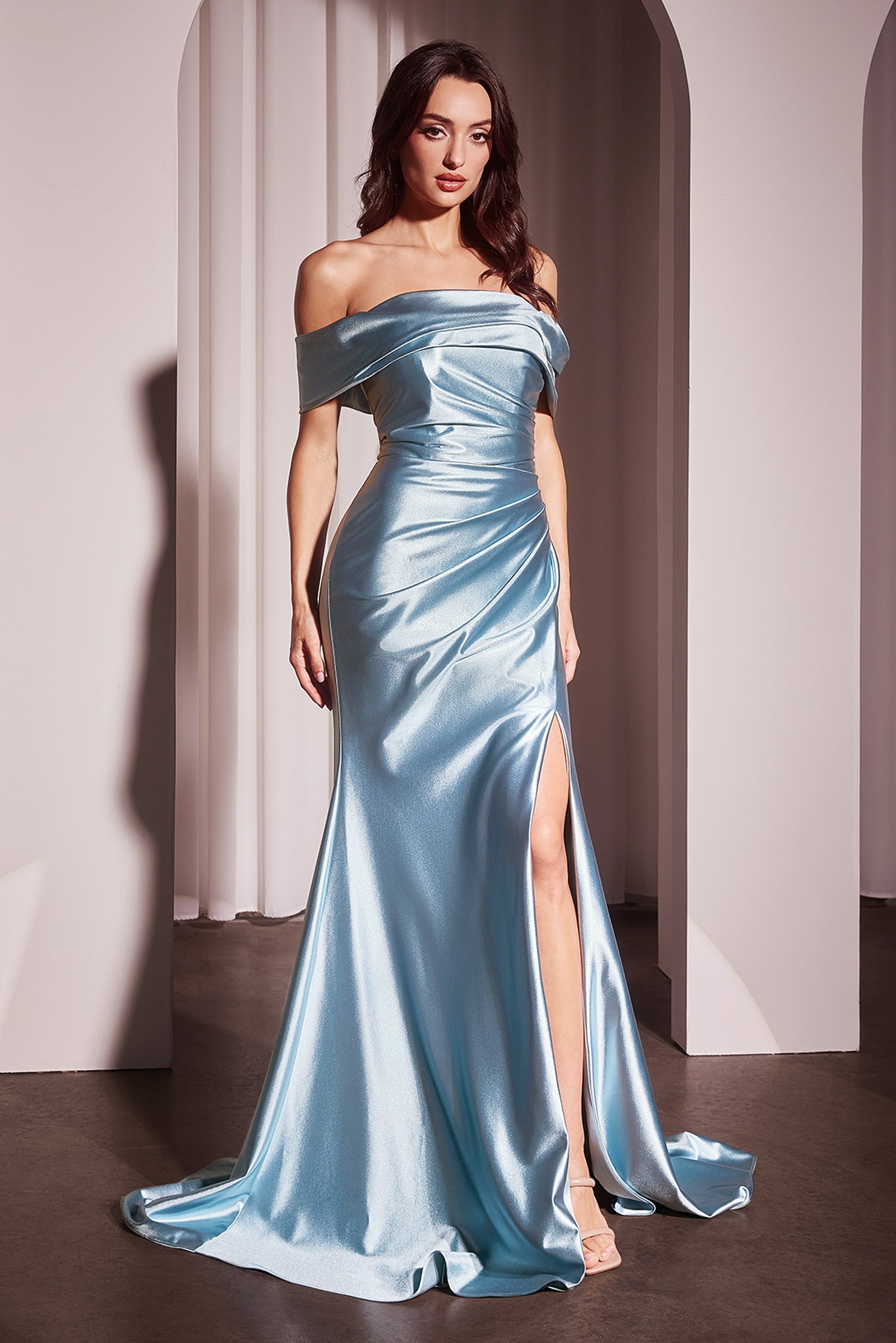 Cinderella Divine Satin Fitted Off Shoulder Slit Gown by Ladivine J877
