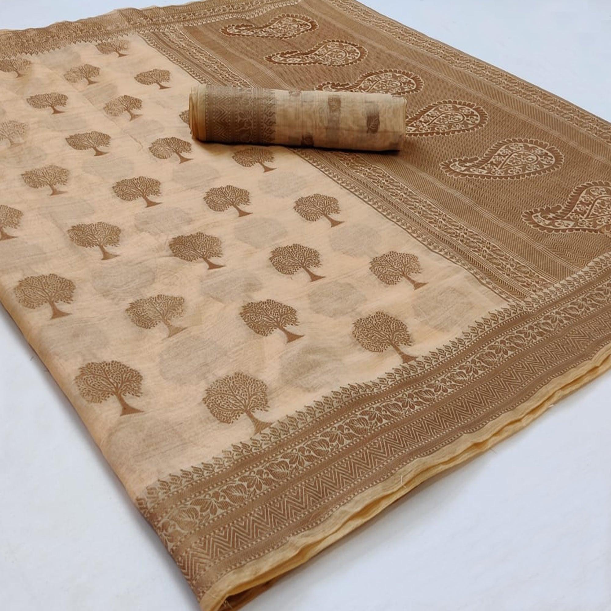 Peachmode Chikoo Festive Wear Woven Soft Organza Saree