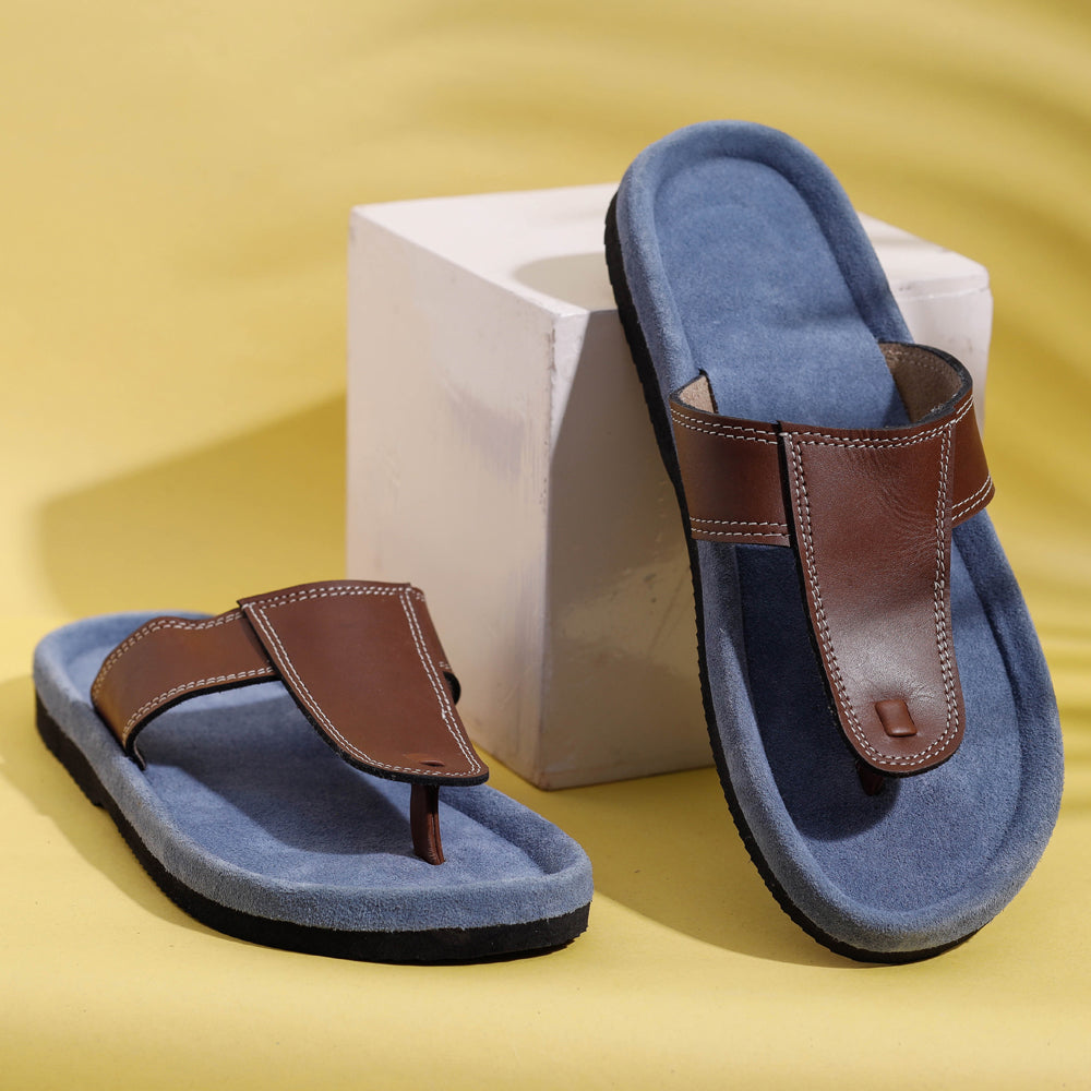 AASAI HANDICRAFT FOOTWEAR AUROVILLE Blue & Brown Handcrafted Men's Leather Slippers with Suede
