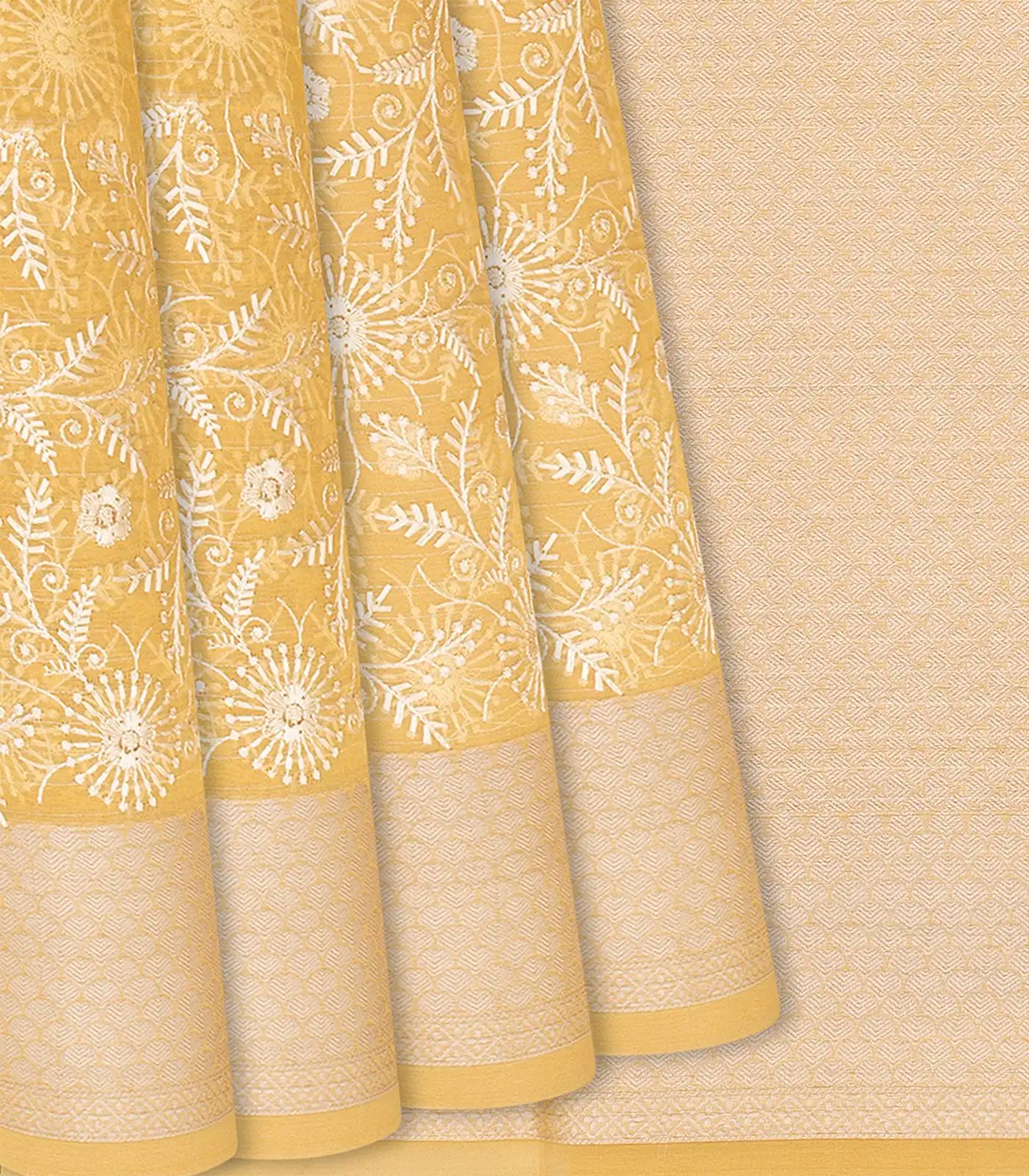 RmKV Yellow Woven Kora Saree With Embroidered Floral Motifs-Yellow