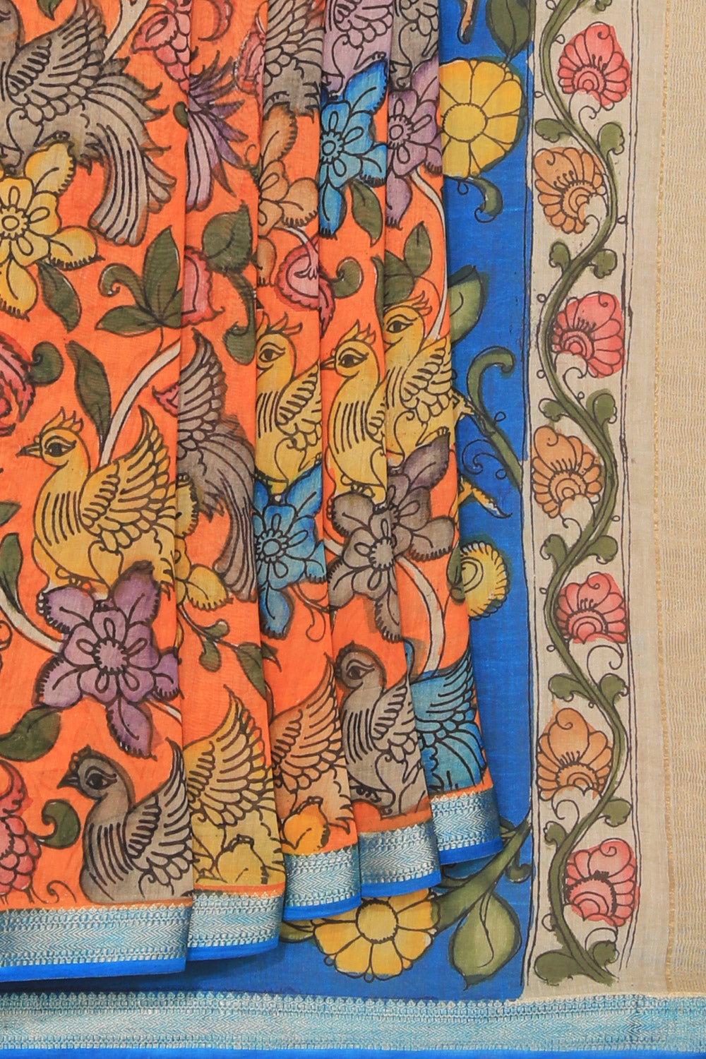 Kalanjali Kalamkari Hand-Painted Orange Saree