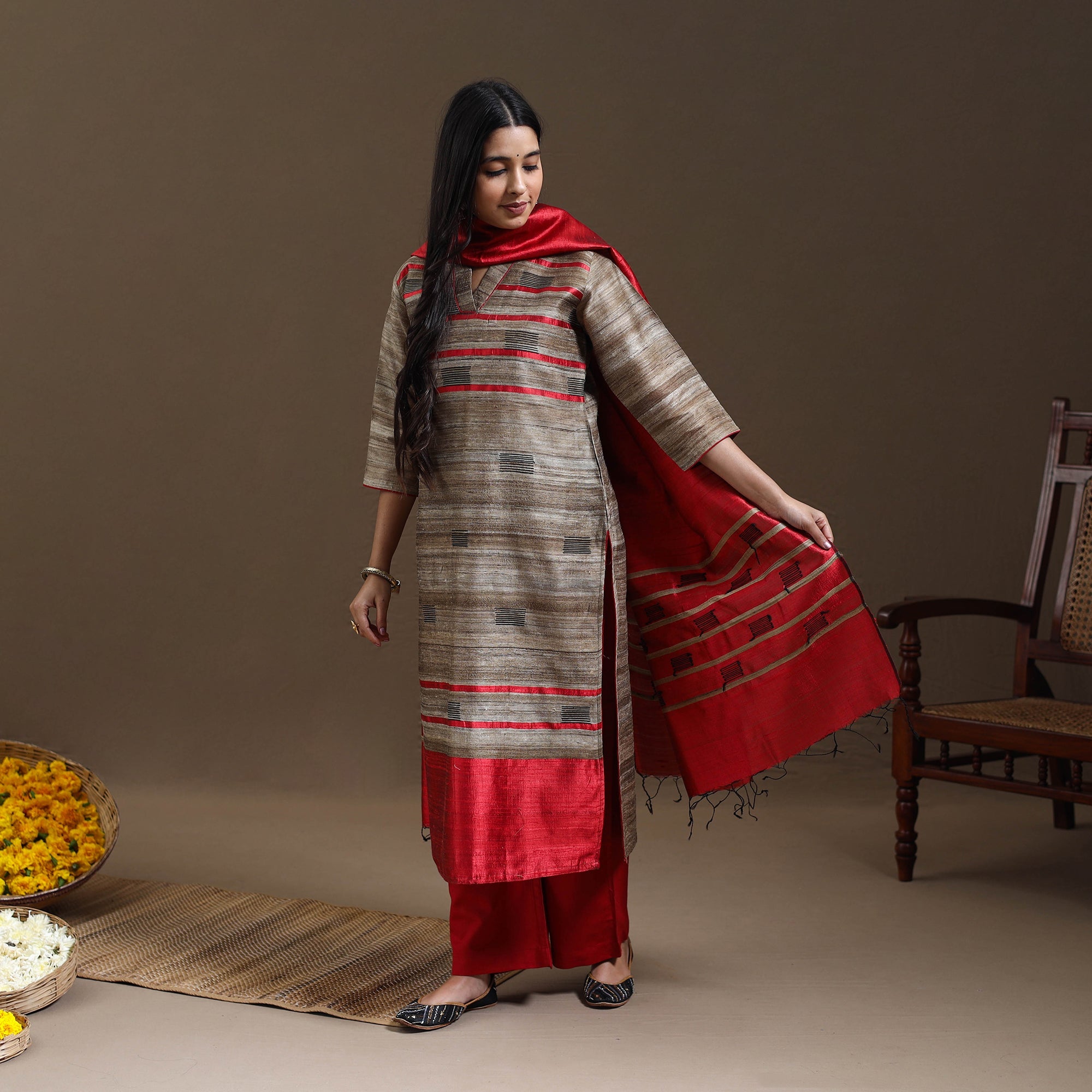 ITOKRI CASUALS Beige - Bhagalpuri Handloom Tussar Silk Suit Set 06 - view 3