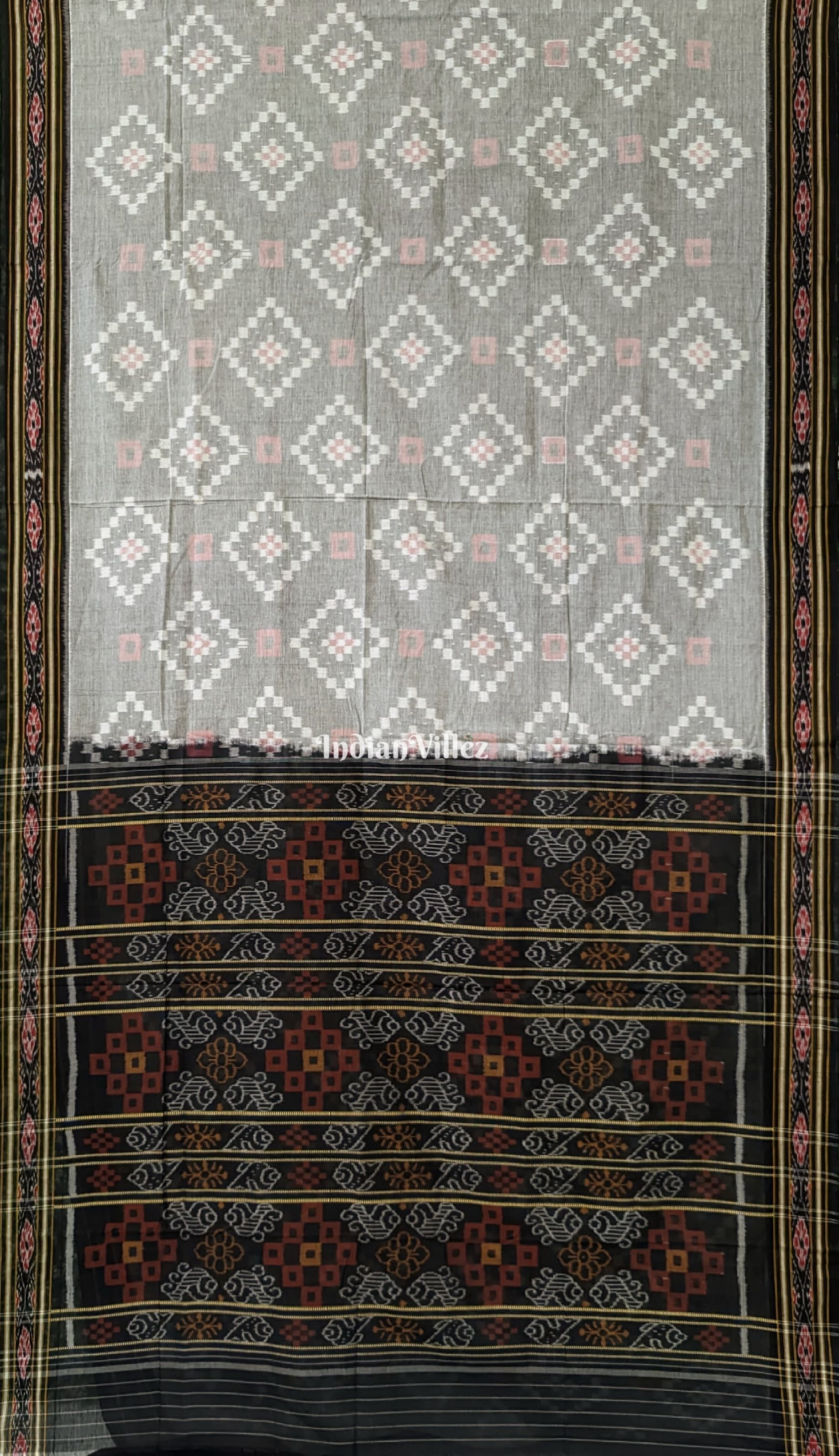 IndianVillèz Grey Odisha Ikat Sambalpuri Cotton Saree