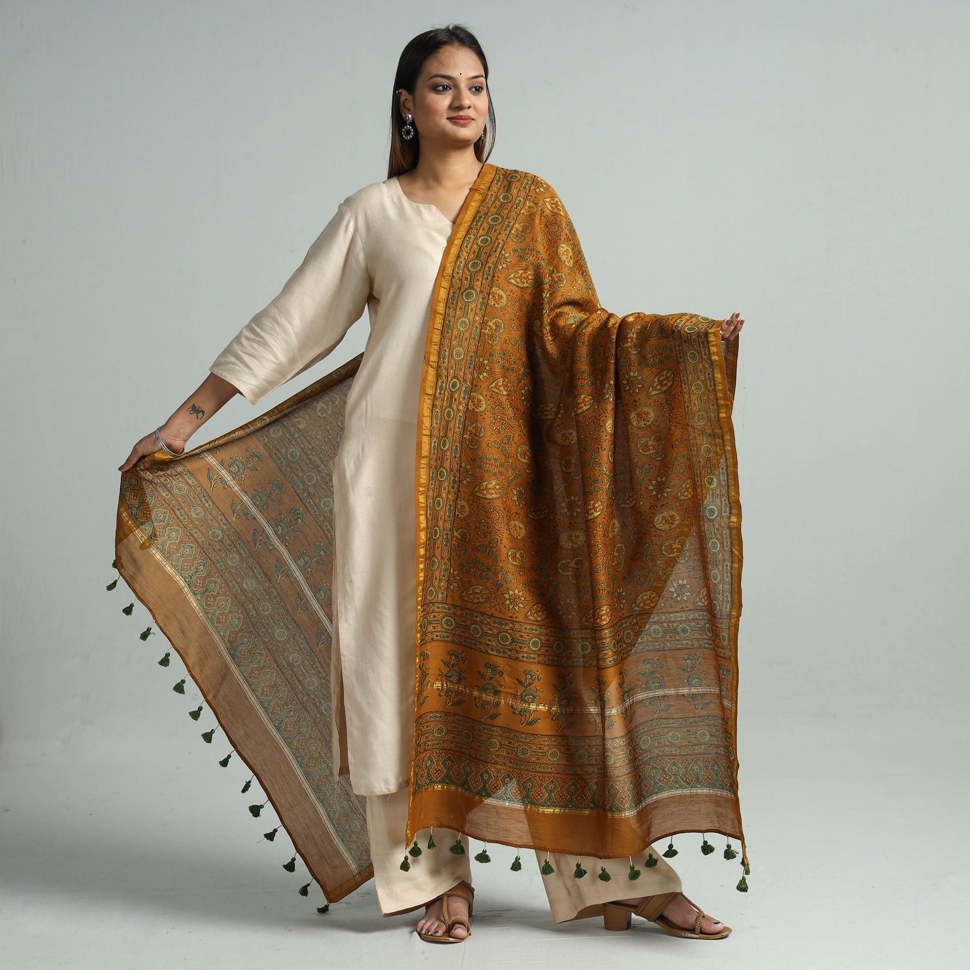 KACHCHH JI CHHAAP Brown - Hand Block Print Chanderi Silk Ajrakh Dupatta 59