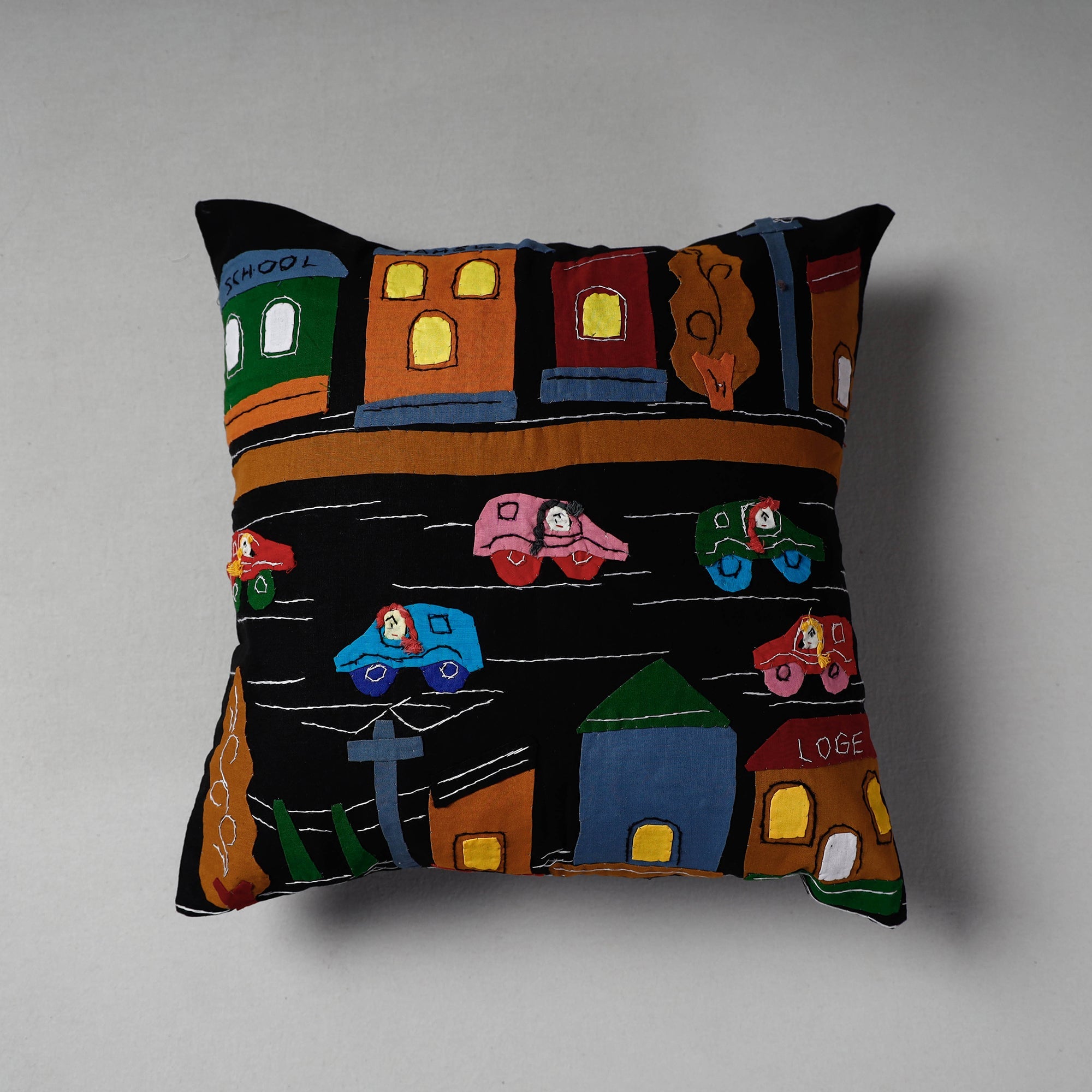 ASHOKA ASSEMBLE - CELEBRATING CRAFTS OF ODISHA Black - Pipli Applique Work Cotton Cushion Cover (16 x 16 in)