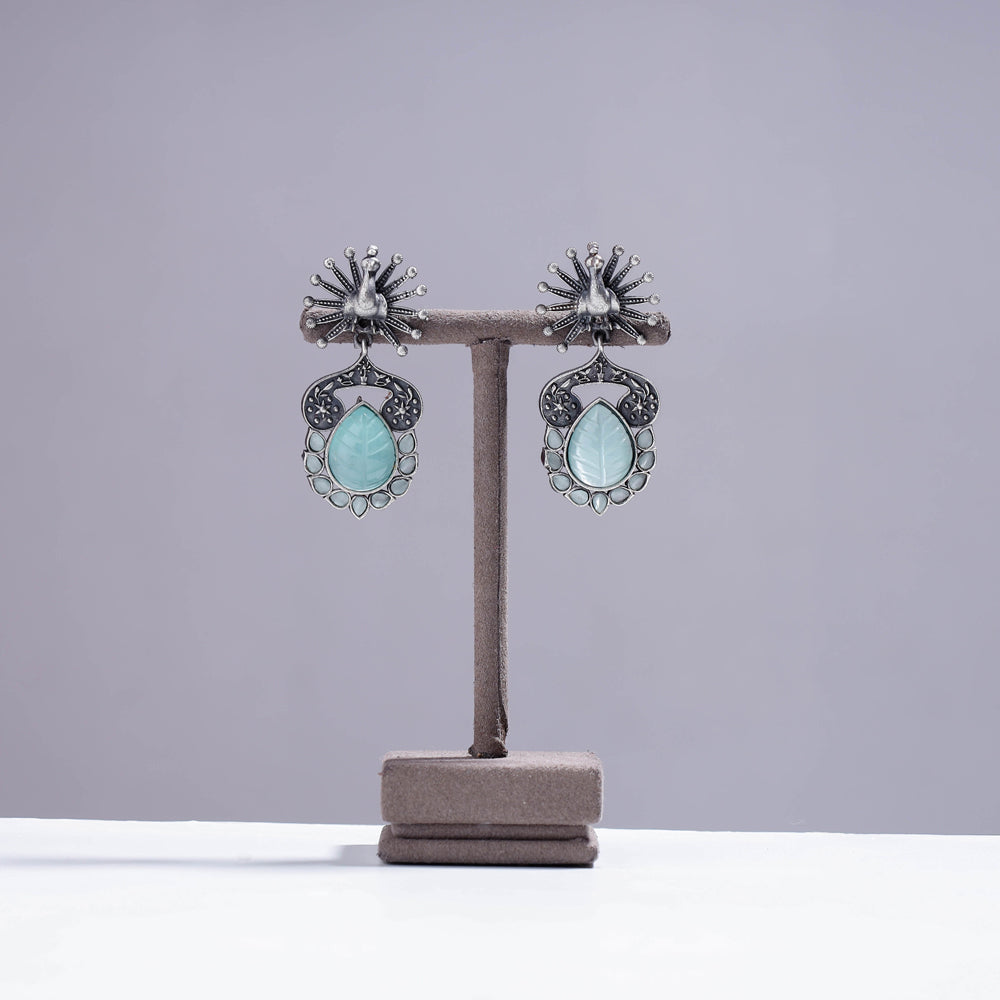 WHITE RIVER STORIES Antique Silver Finish Oxidised Brass Base Stone Work Earrings