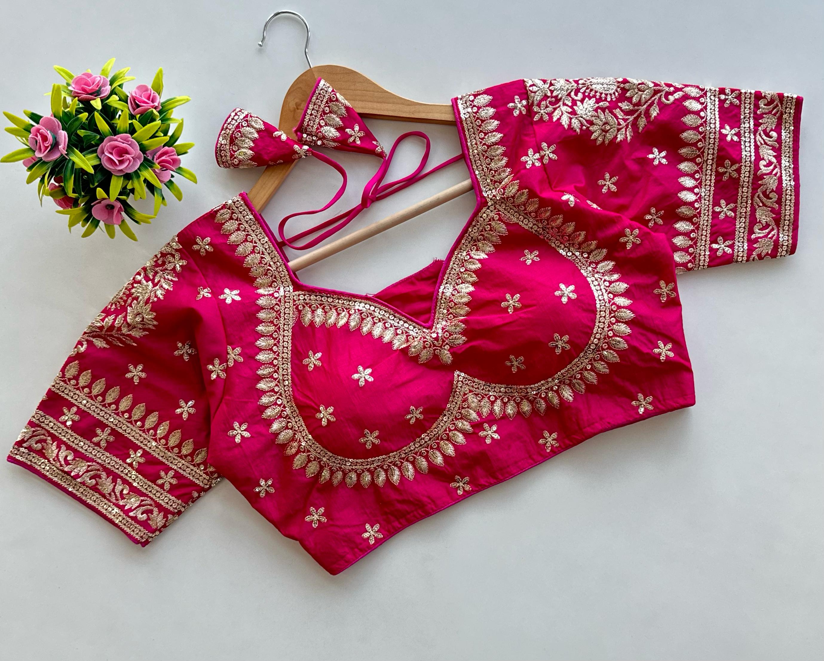 ClothsVilla Pink Golden Embroidered Blubbery Silk Blouse with Sequins