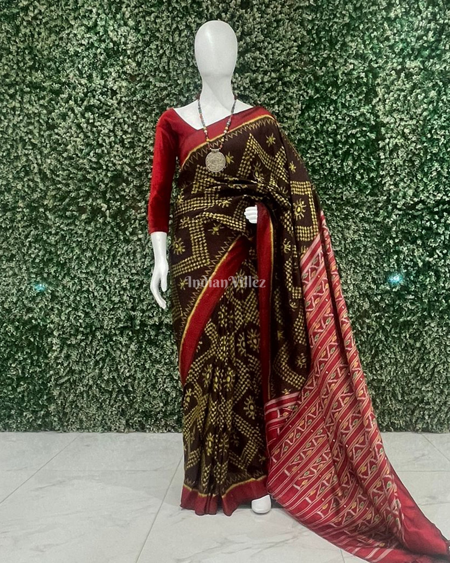 IndianVillèz Brown Tarabali Odisha Ikat Contemporary Silk Saree