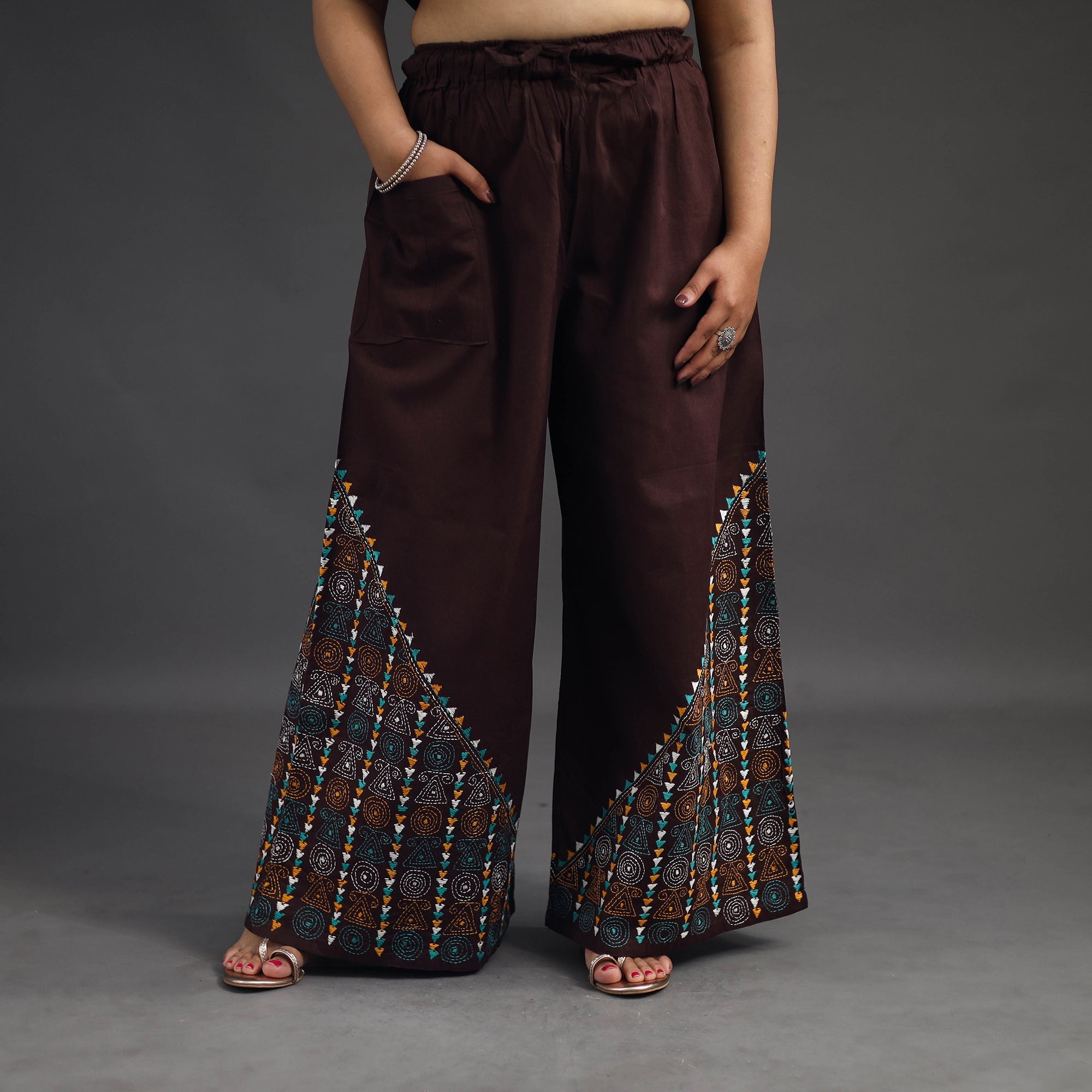ASALKAAR Brown - Kantha Hand Embroidery Palazzo in Cotton 74