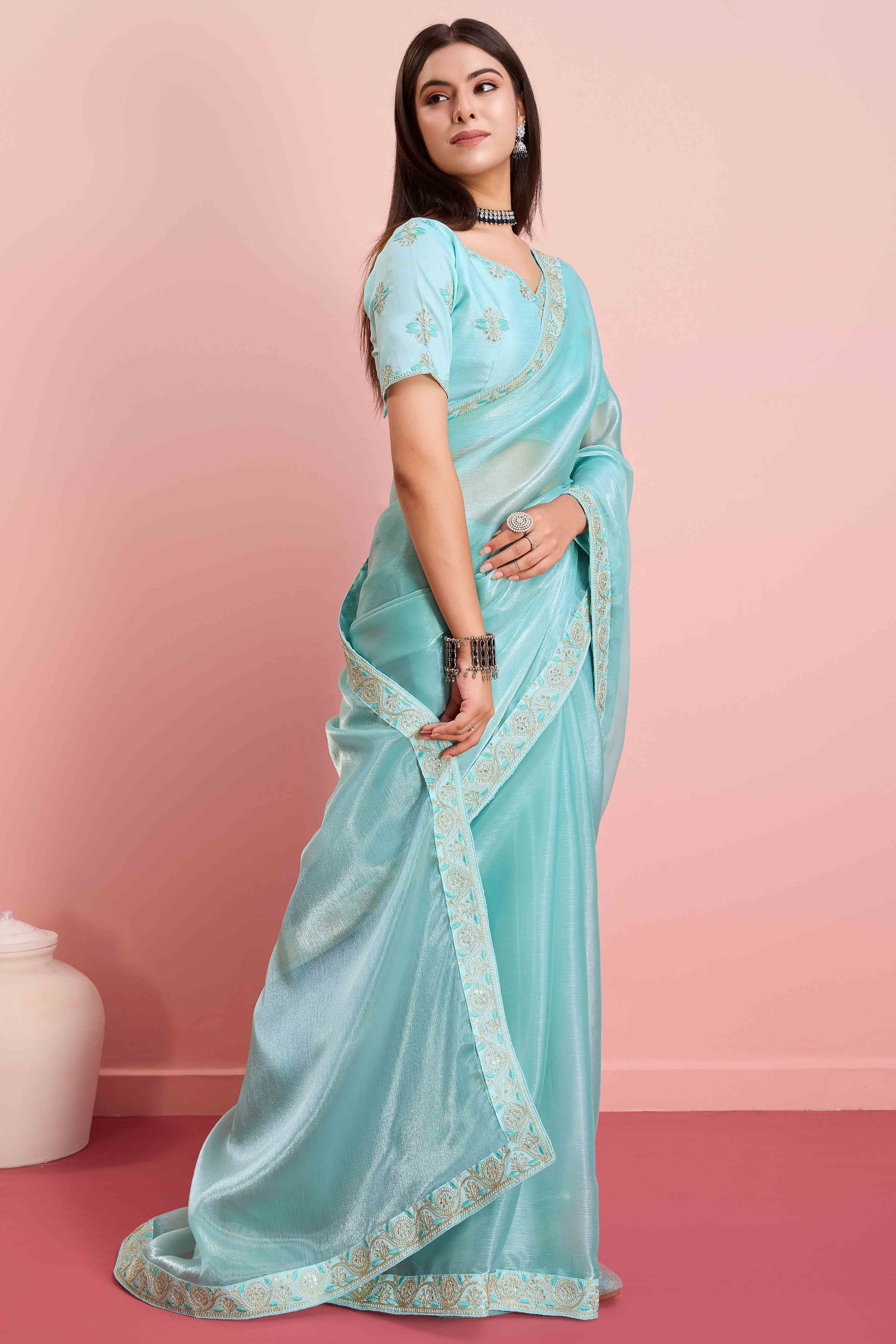 Peachmode Blue Solid With Sequins Embroidery Border Mulberry Silk Saree