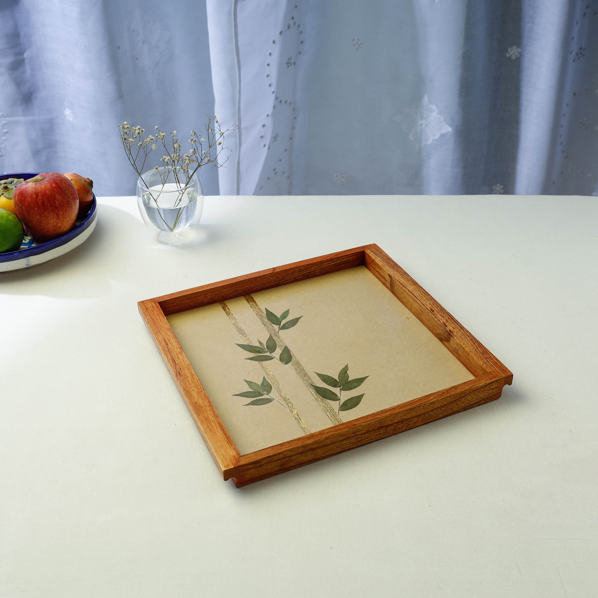 SHRADHANJALI - AN AUROVILLE UNIT Beige - Bamboo Art Work Square Wooden Tray (12 x 11 x 1 in)