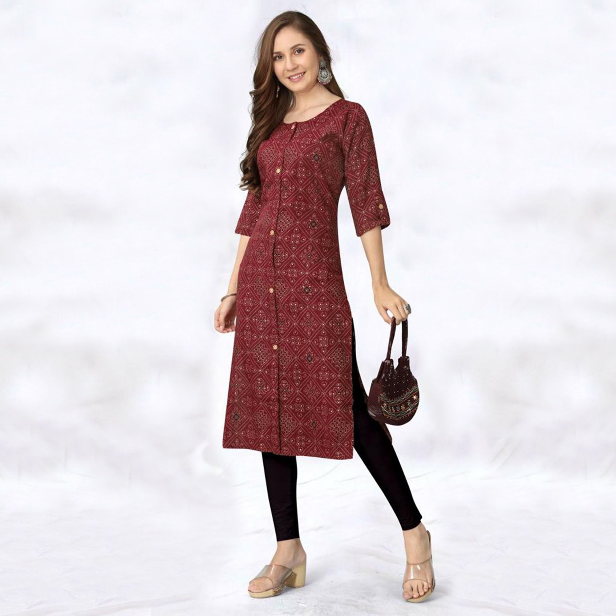 Peachmode Seller Maroon Foil Printed Rayon Kurti - view 2