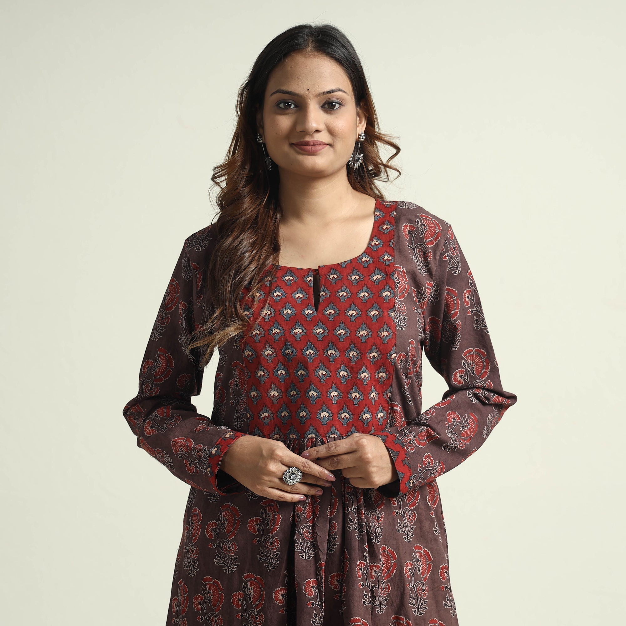 ITOKRI CASUALS Brown - Block Print Cotton Flared Ajrakh Kurta with Palazzo Set - view 2